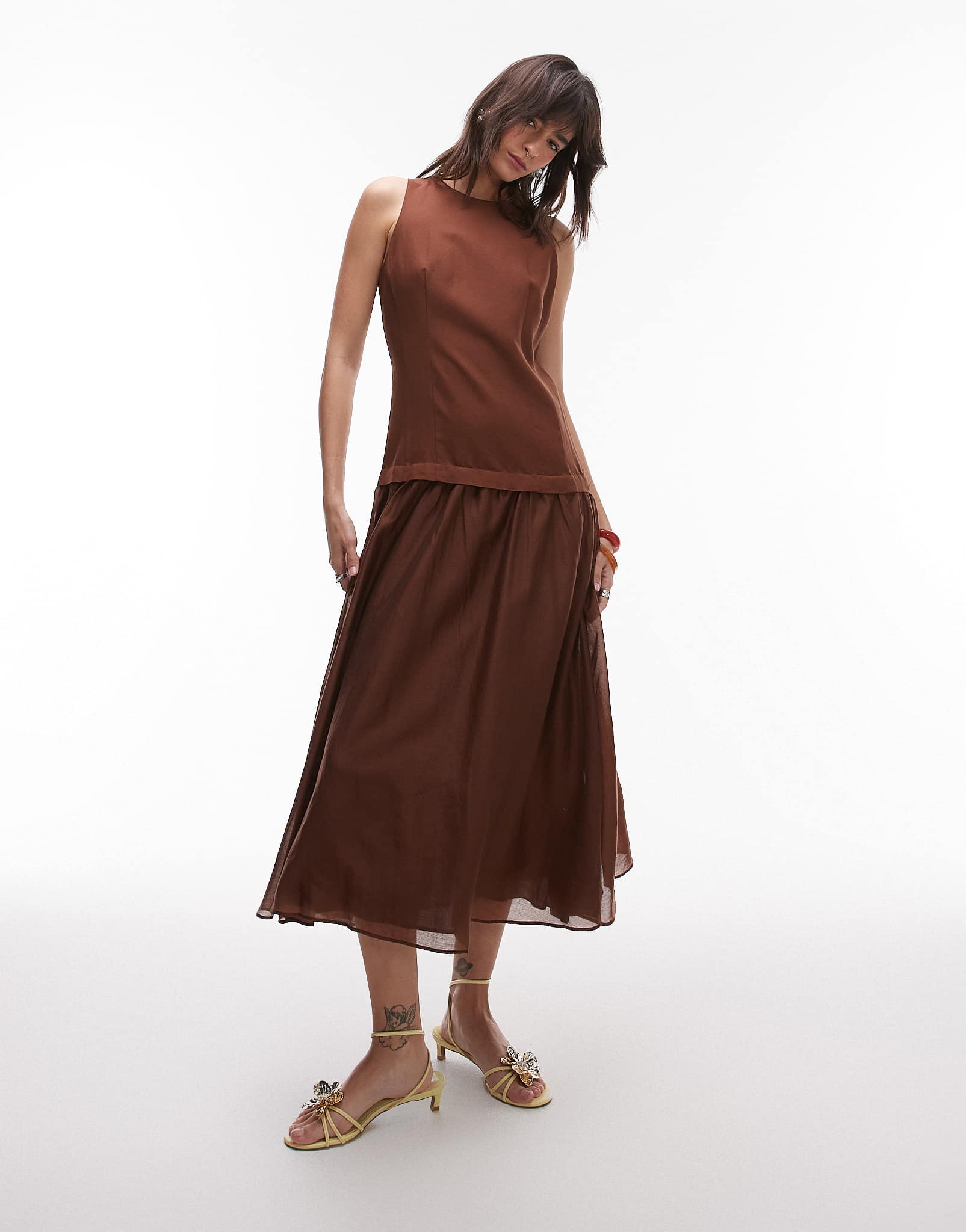 Mango linen dropped waist maxi dress with sheer hem in chocolate - ASOS Sample Sale