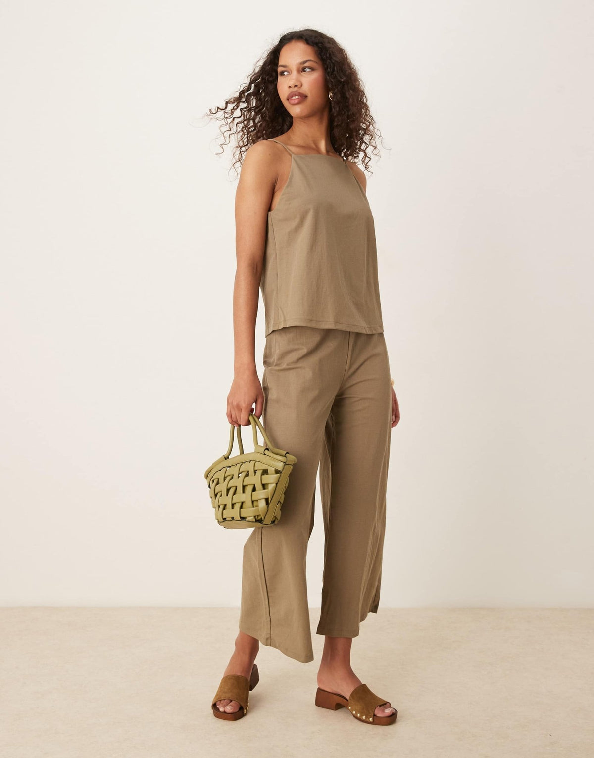Mango linen mix elasticated waist wide leg trouser co-ord in beige - ASOS Sample Sale