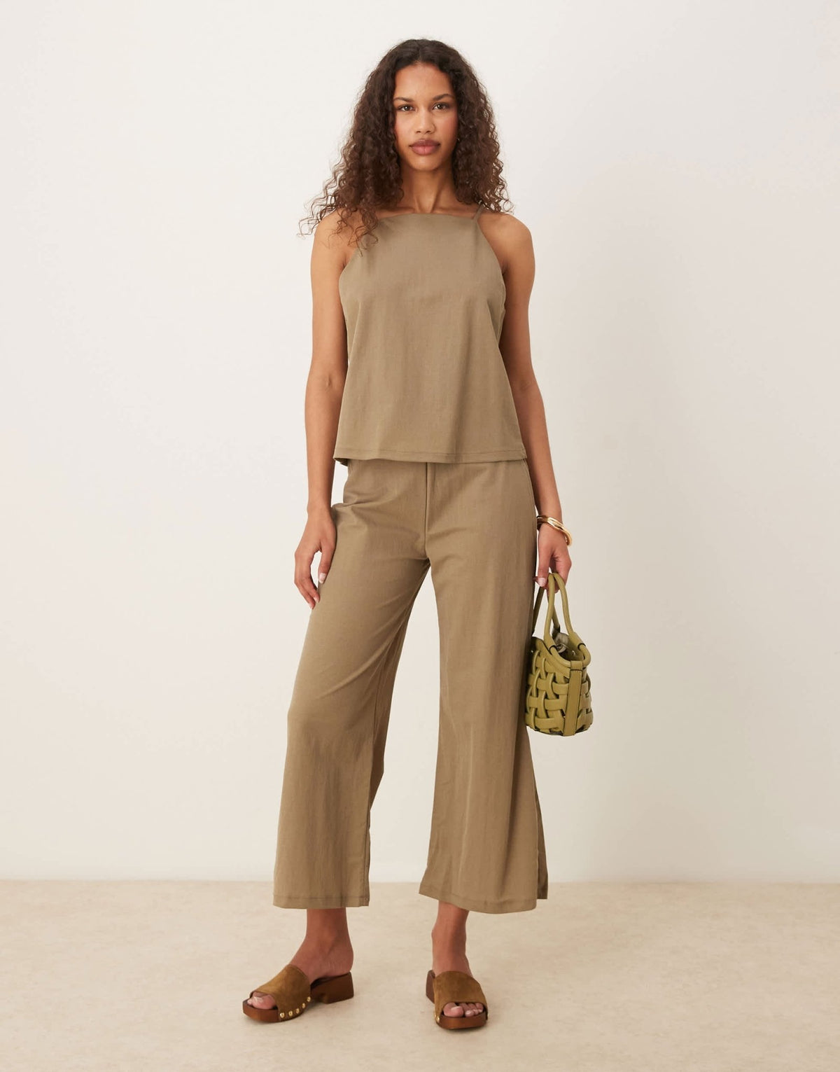 Mango linen mix elasticated waist wide leg trouser co-ord in beige - ASOS Sample Sale