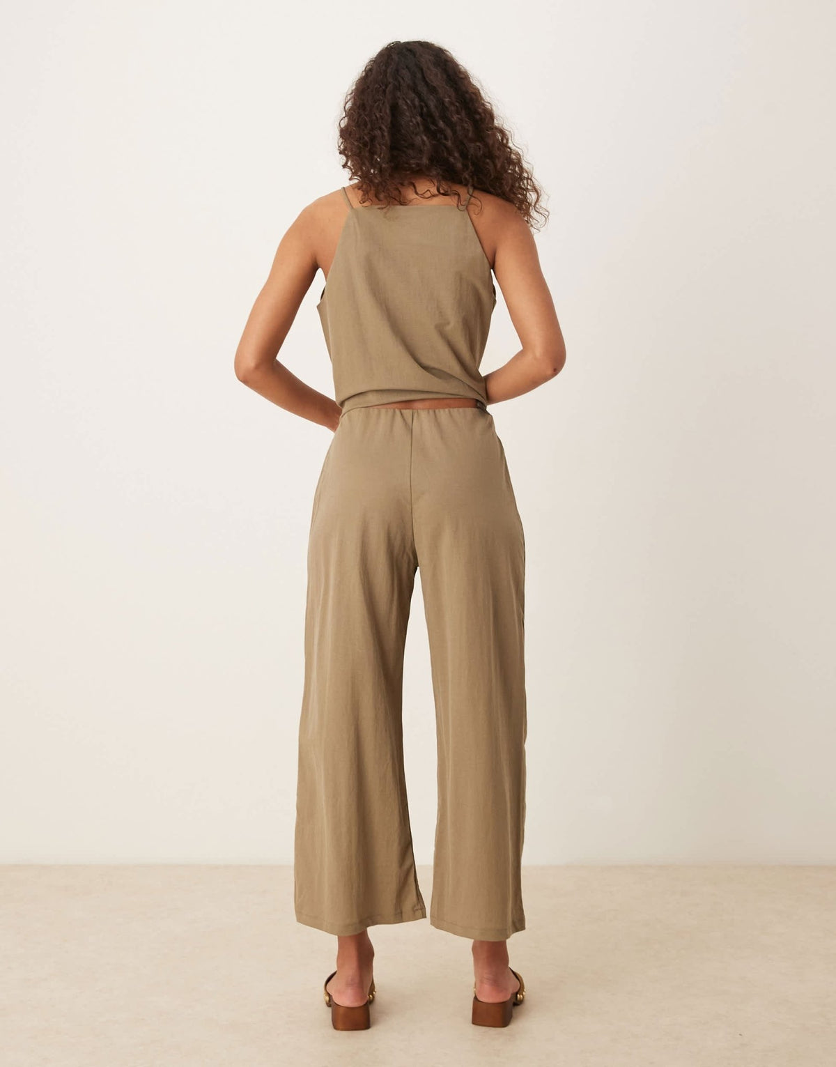 Mango linen mix elasticated waist wide leg trouser co-ord in beige - ASOS Sample Sale