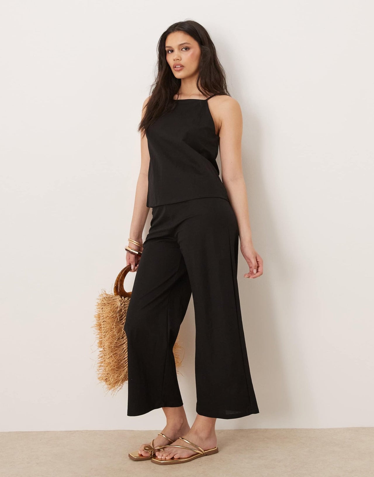 Mango linen mix elasticated waist wide leg trouser co - ord in black - ASOS Sample Sale