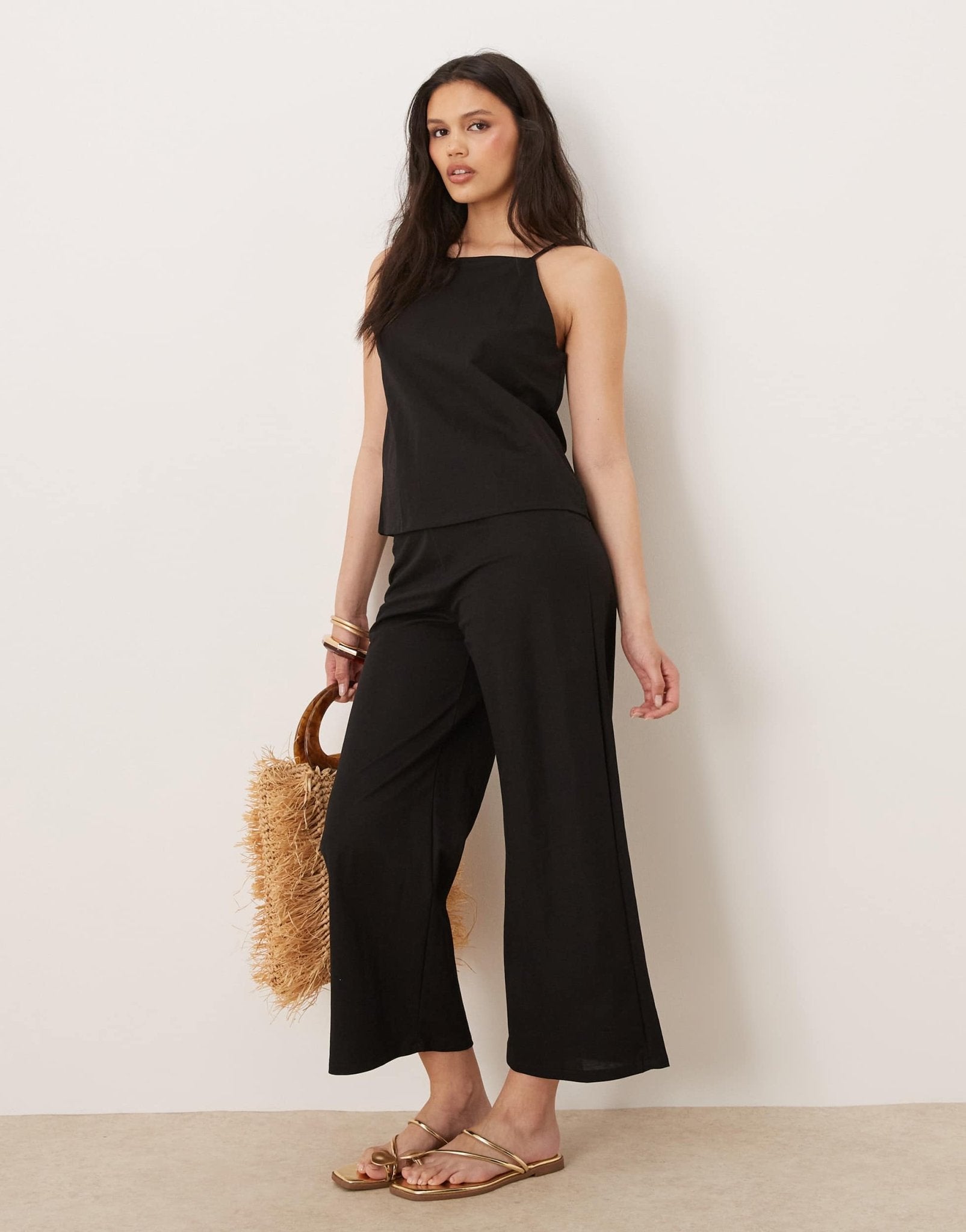 Mango linen mix elasticated waist wide leg trouser co - ord in black - ASOS Sample Sale