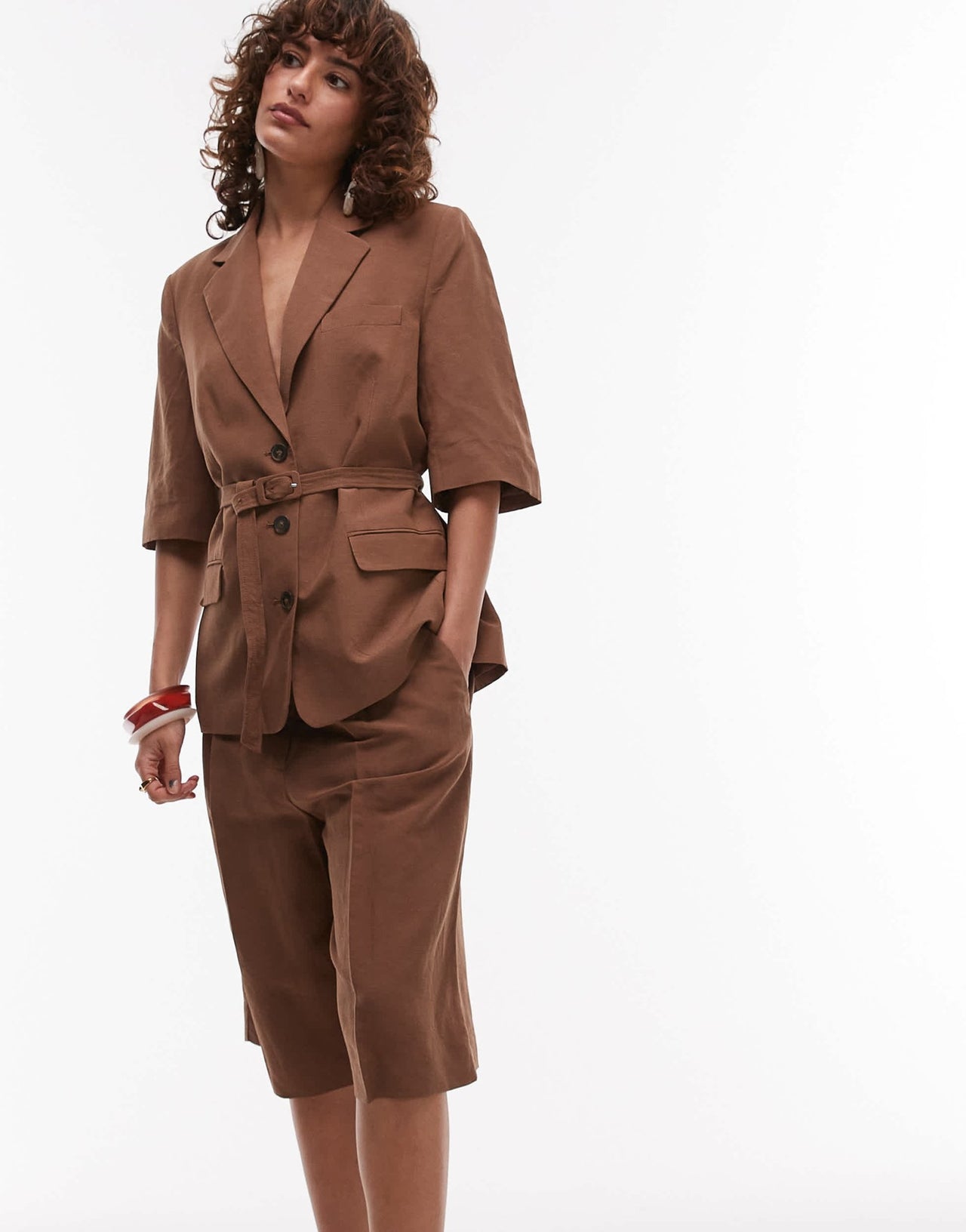 Mango linen mix longline bermuda short co - ord in brown - ASOS Sample Sale