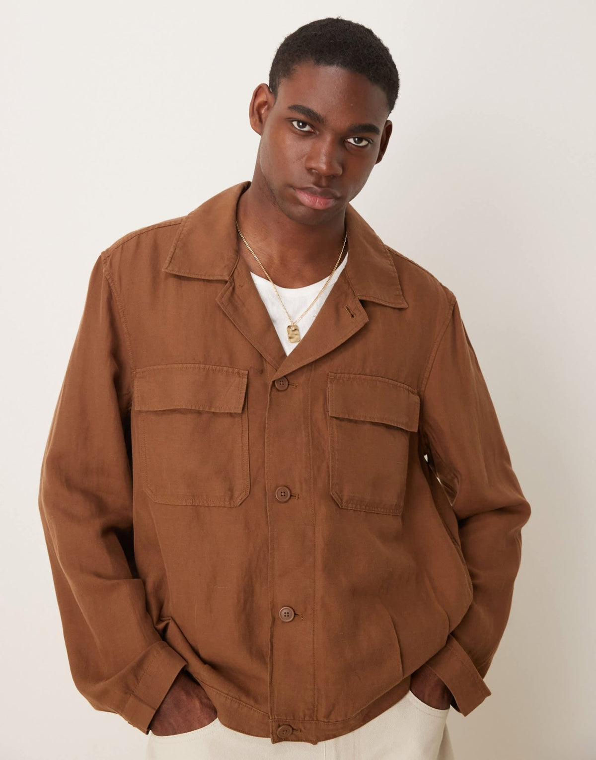 Mango linen mix overshirt in brown - ASOS Sample Sale