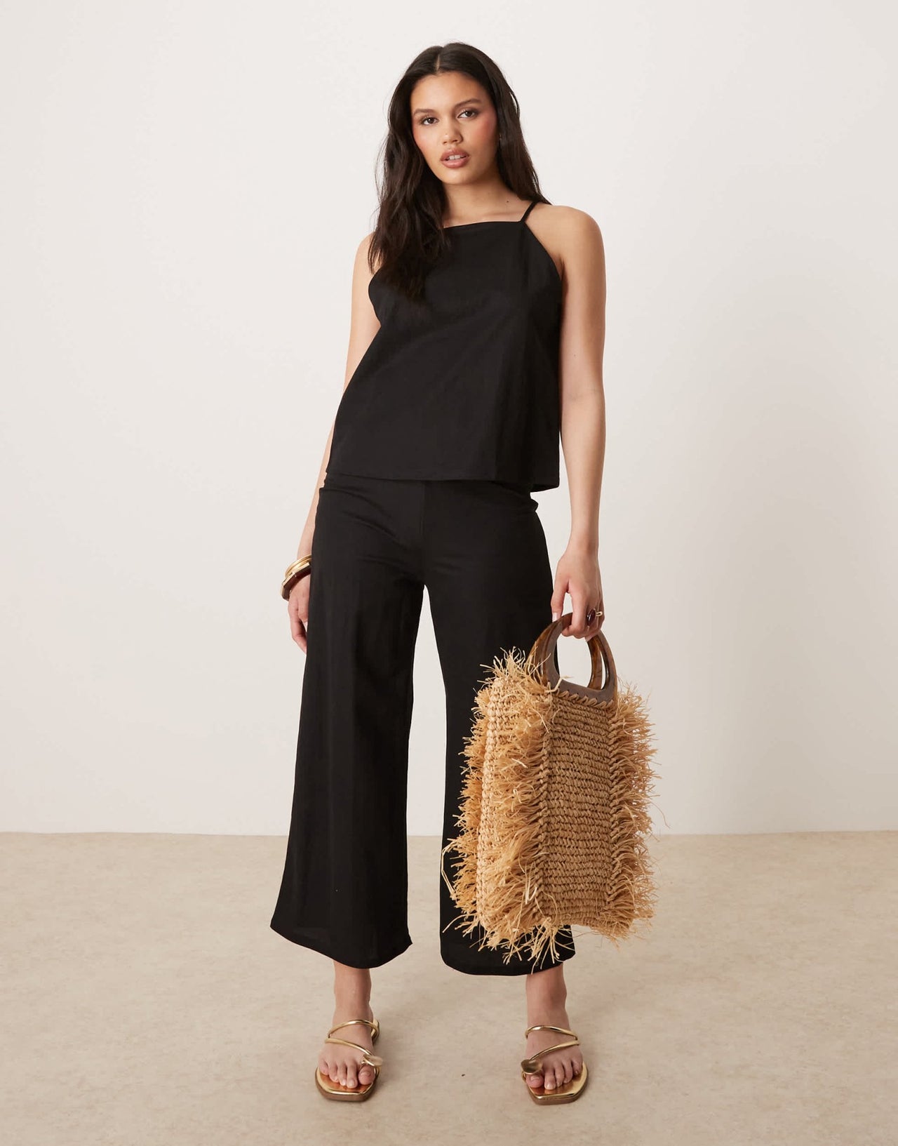 Mango linen mix square neck cami top co-ord in black - ASOS Sample Sale