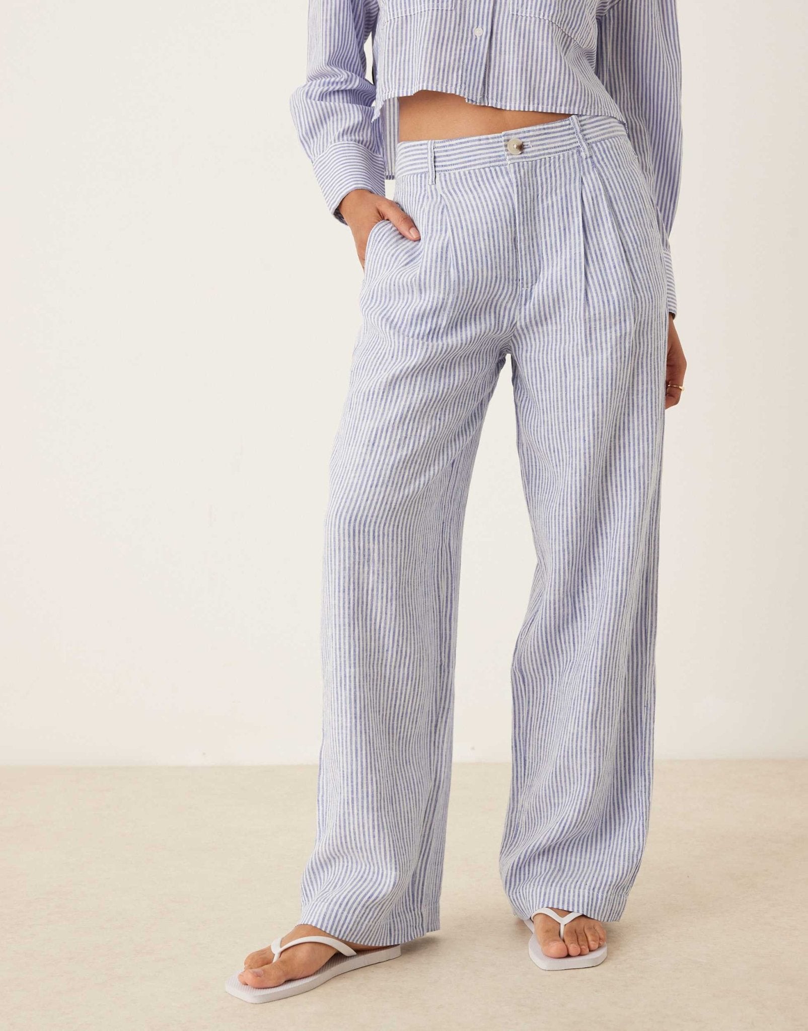 Mango linen mix stripe elasticated waist trouser co-ord in light blue - ASOS Sample Sale