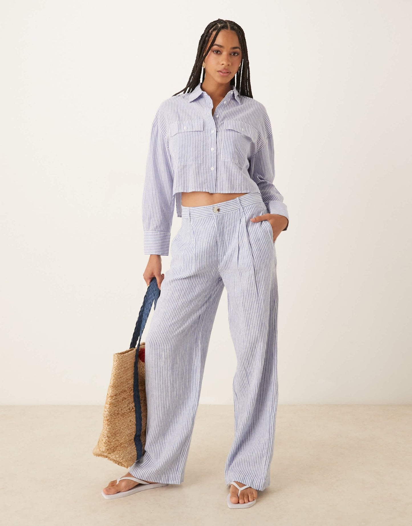 Mango linen mix stripe elasticated waist trouser co-ord in light blue - ASOS Sample Sale
