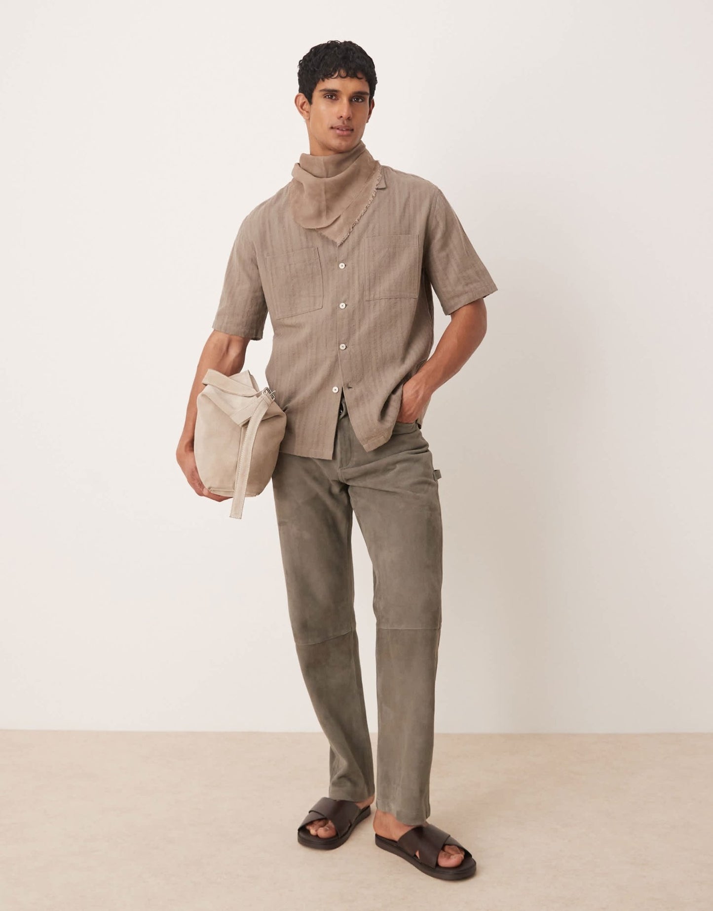 Mango linen mix textured stripe short sleeve shirt in brown - ASOS Sample Sale