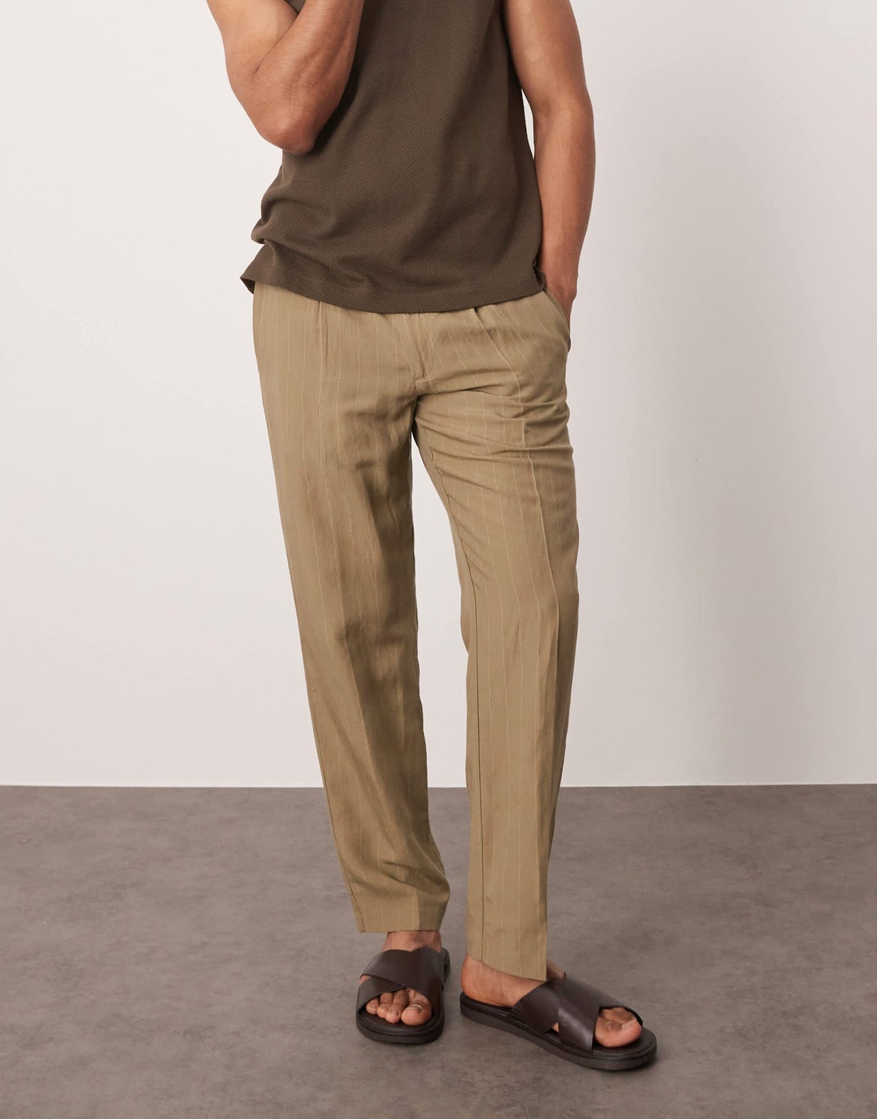 Mango linen mix thin pinstripe trousers in brown - ASOS Sample Sale