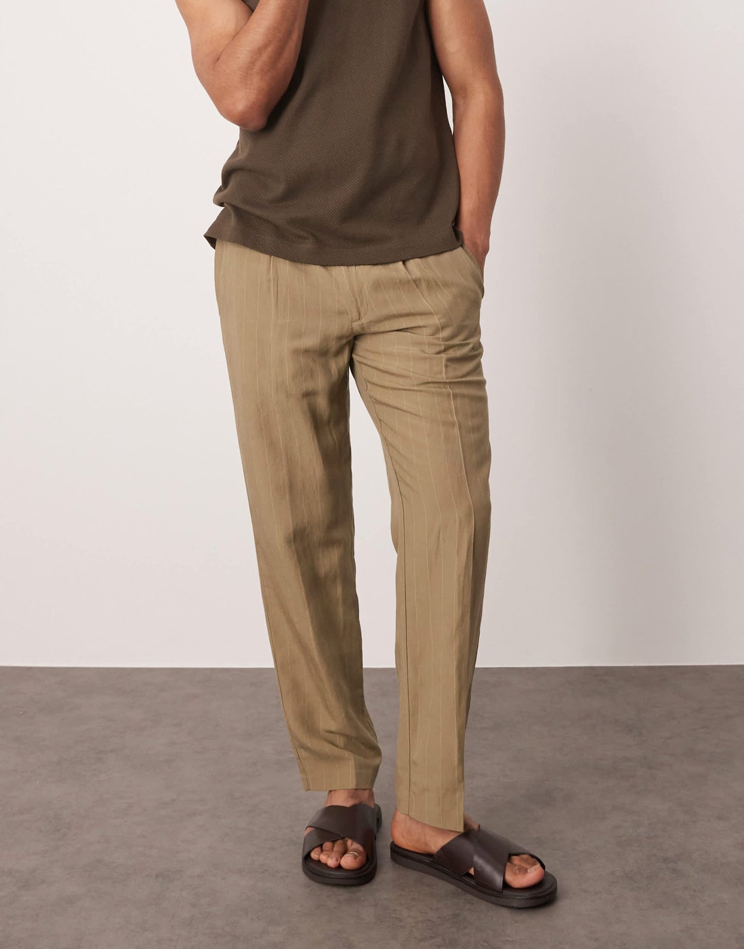 Mango linen mix thin pinstripe trousers in brown - ASOS Sample Sale