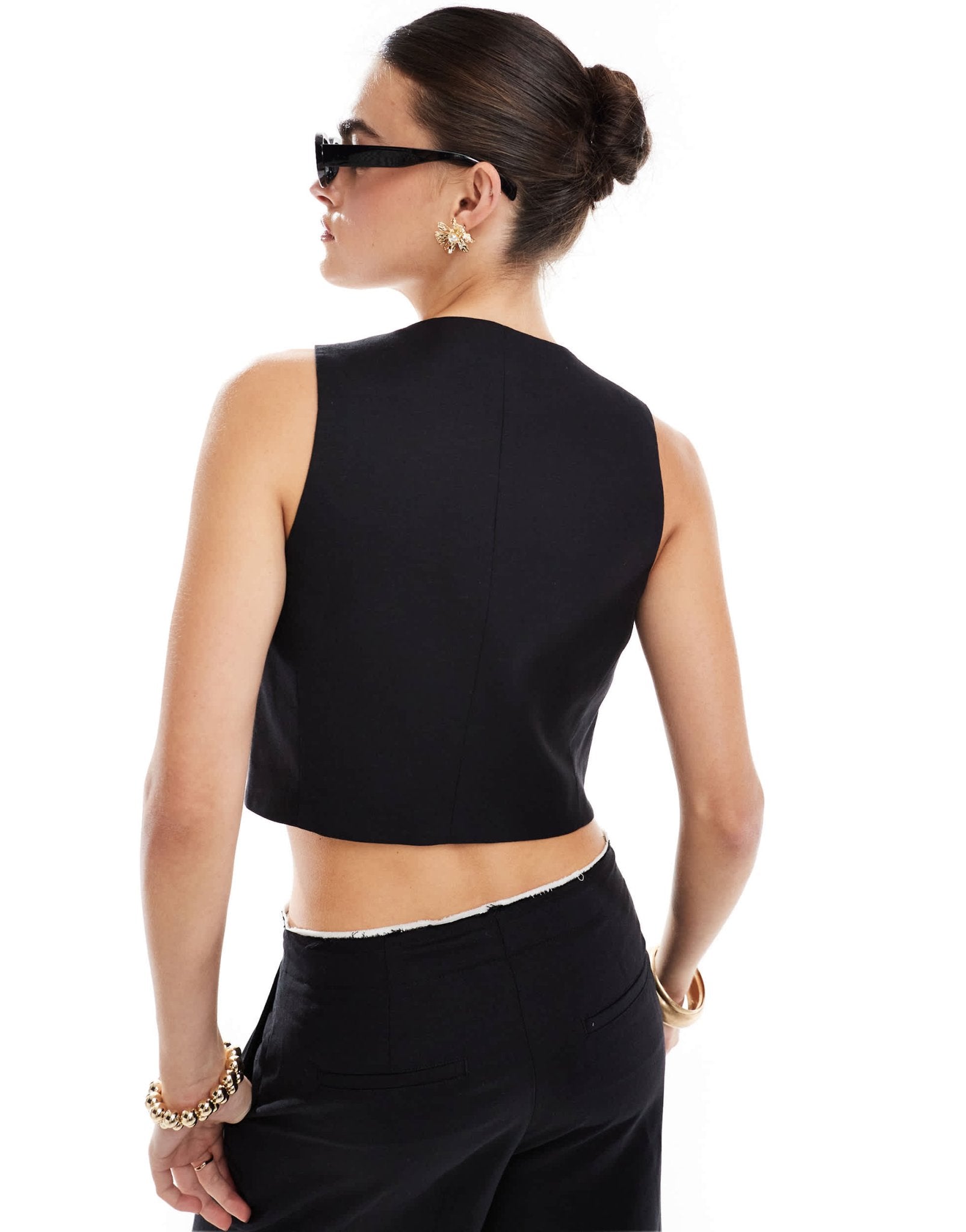 Mango linen mix tie front co - ord waistcoat in black - ASOS Sample Sale