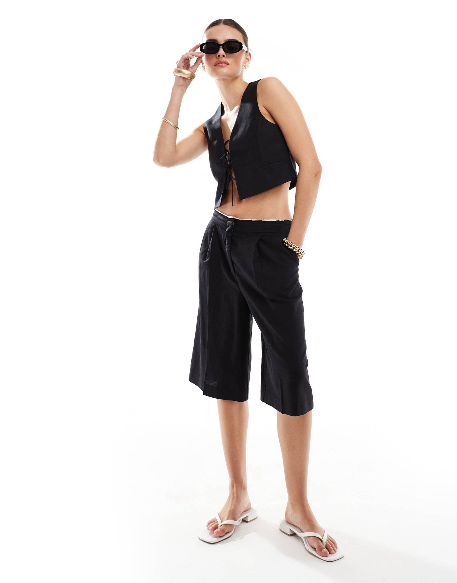 Mango linen mix tie front co - ord waistcoat in black - ASOS Sample Sale