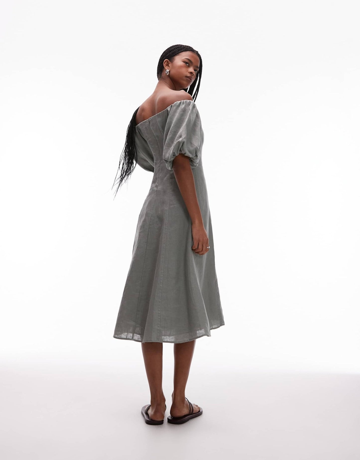 Mango linen puff sleeve midi dress in sage green - ASOS Sample Sale