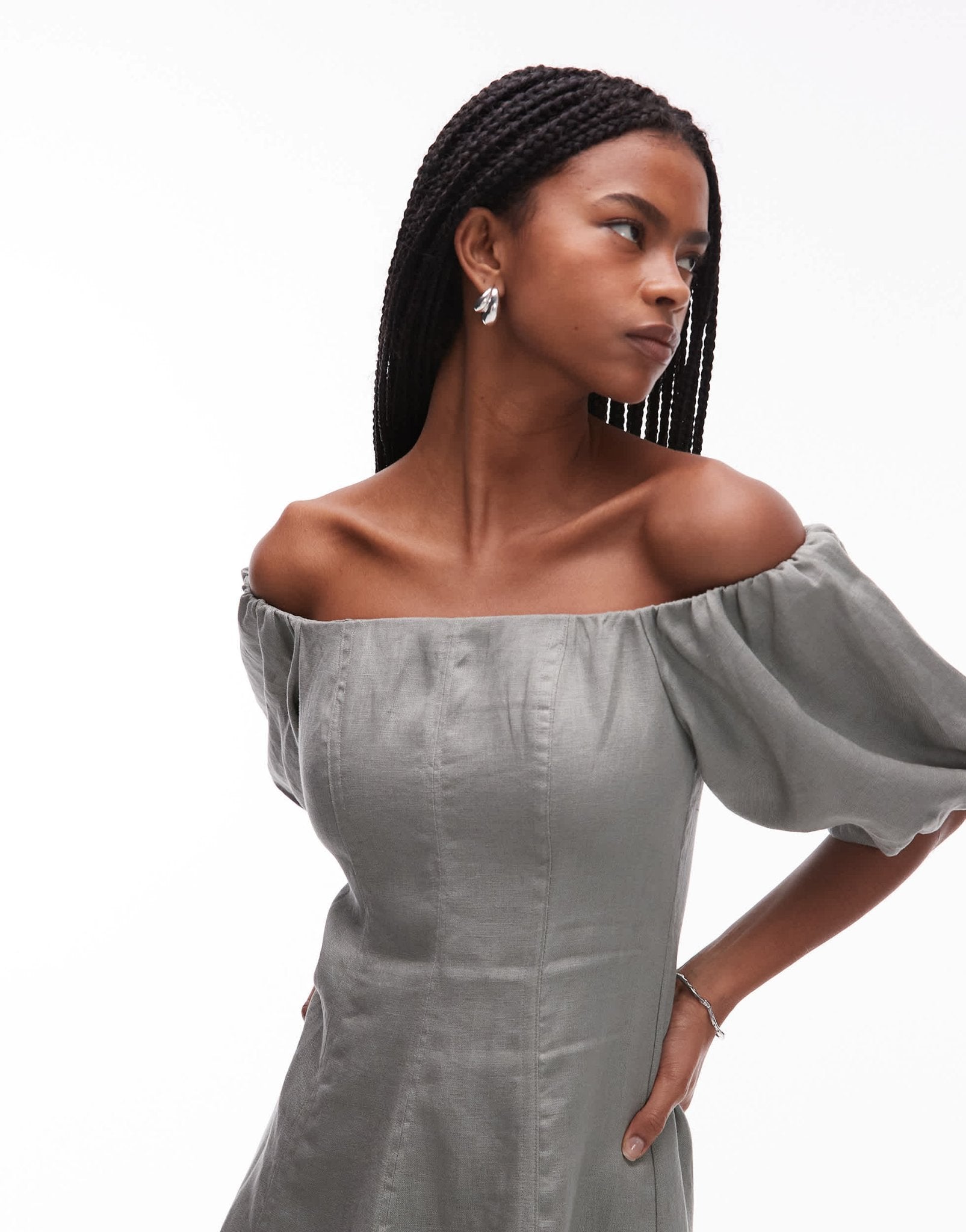 Mango linen puff sleeve midi dress in sage green - ASOS Sample Sale