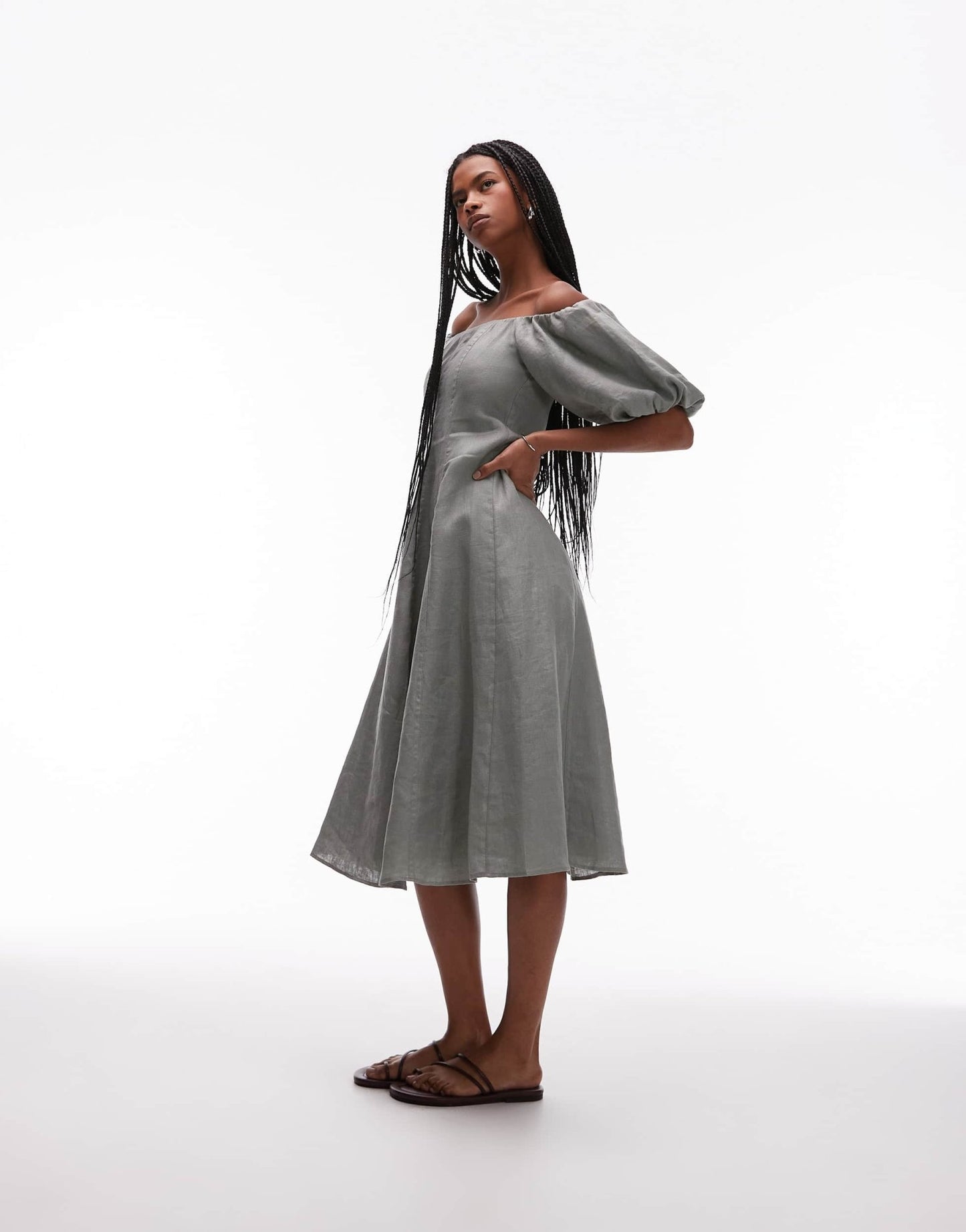 Mango linen puff sleeve midi dress in sage green - ASOS Sample Sale