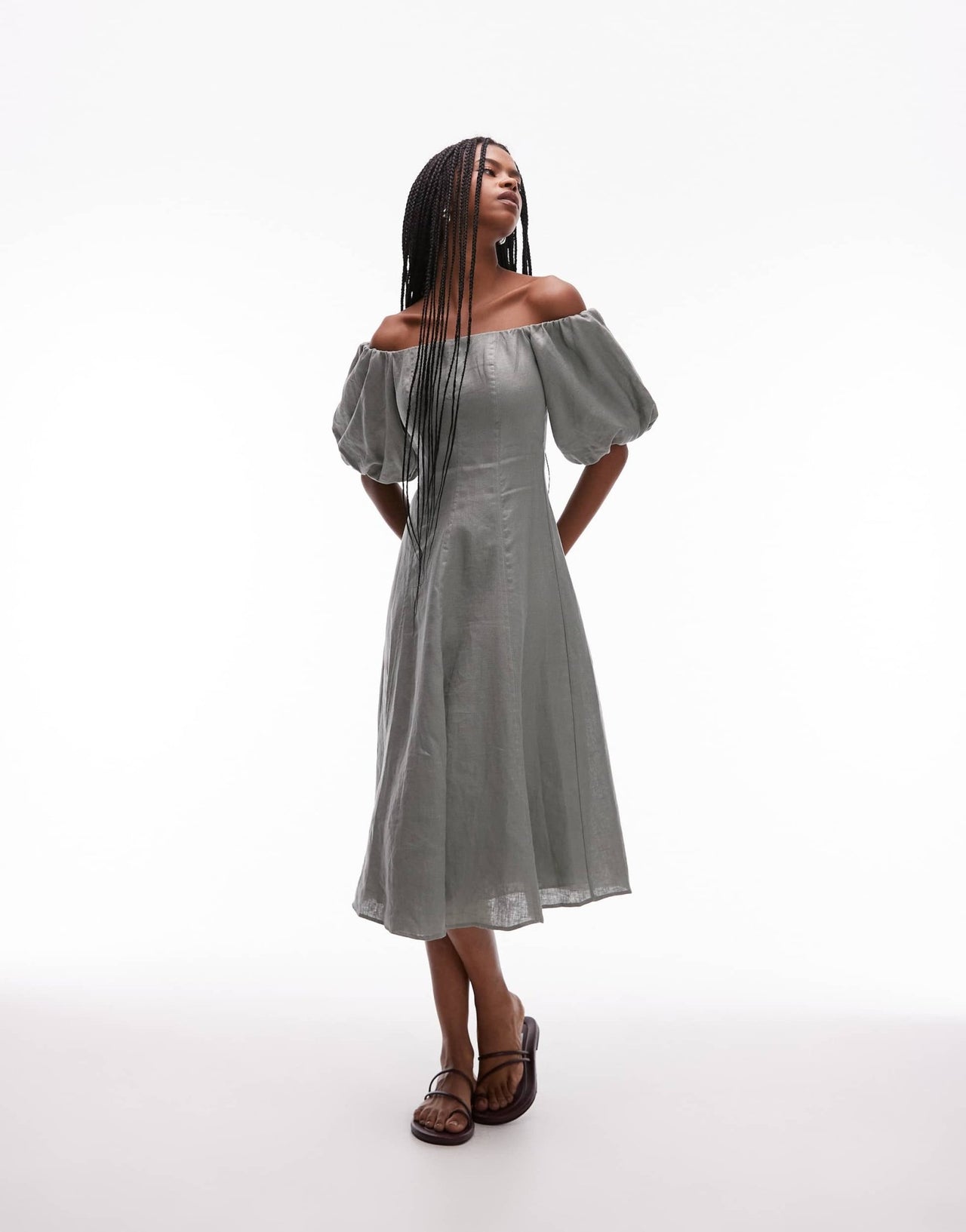 Mango linen puff sleeve midi dress in sage green - ASOS Sample Sale