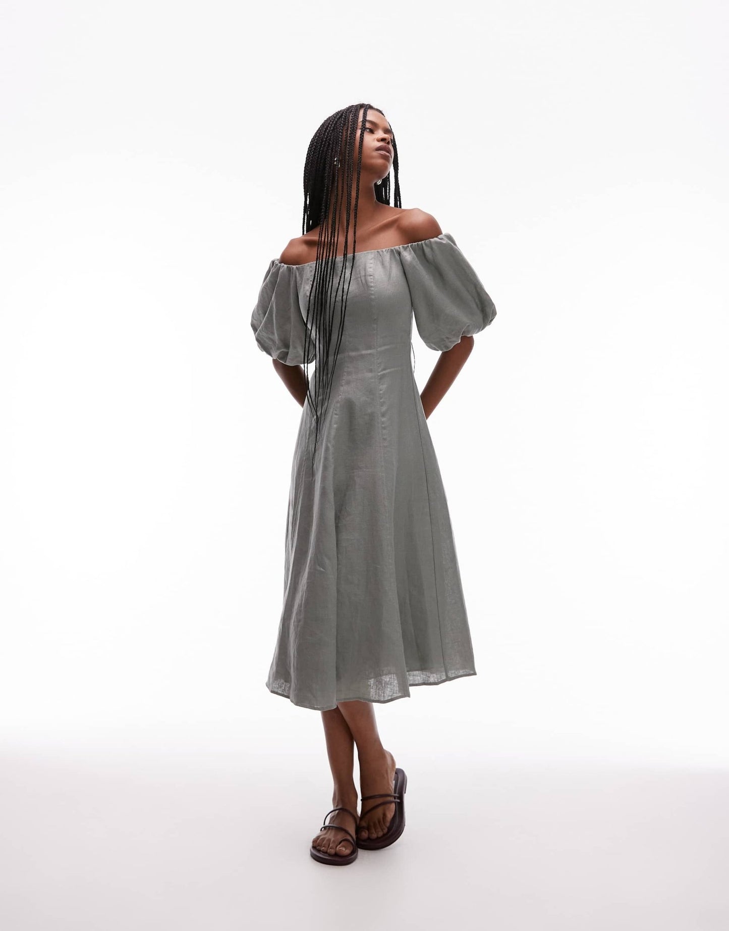 Mango linen puff sleeve midi dress in sage green - ASOS Sample Sale