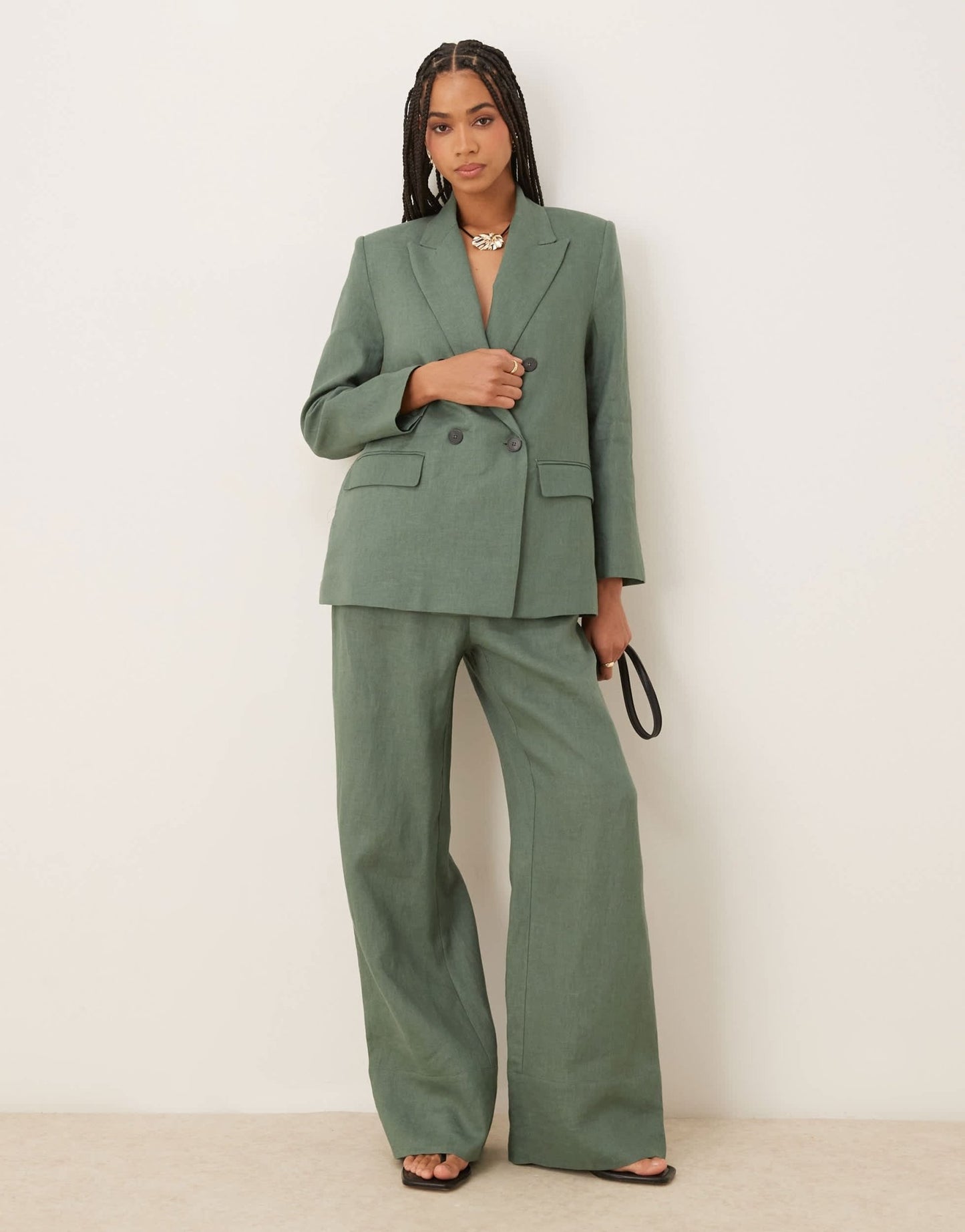 Mango linen slouchy tie waist trouser co-ord in sage green - ASOS Sample Sale