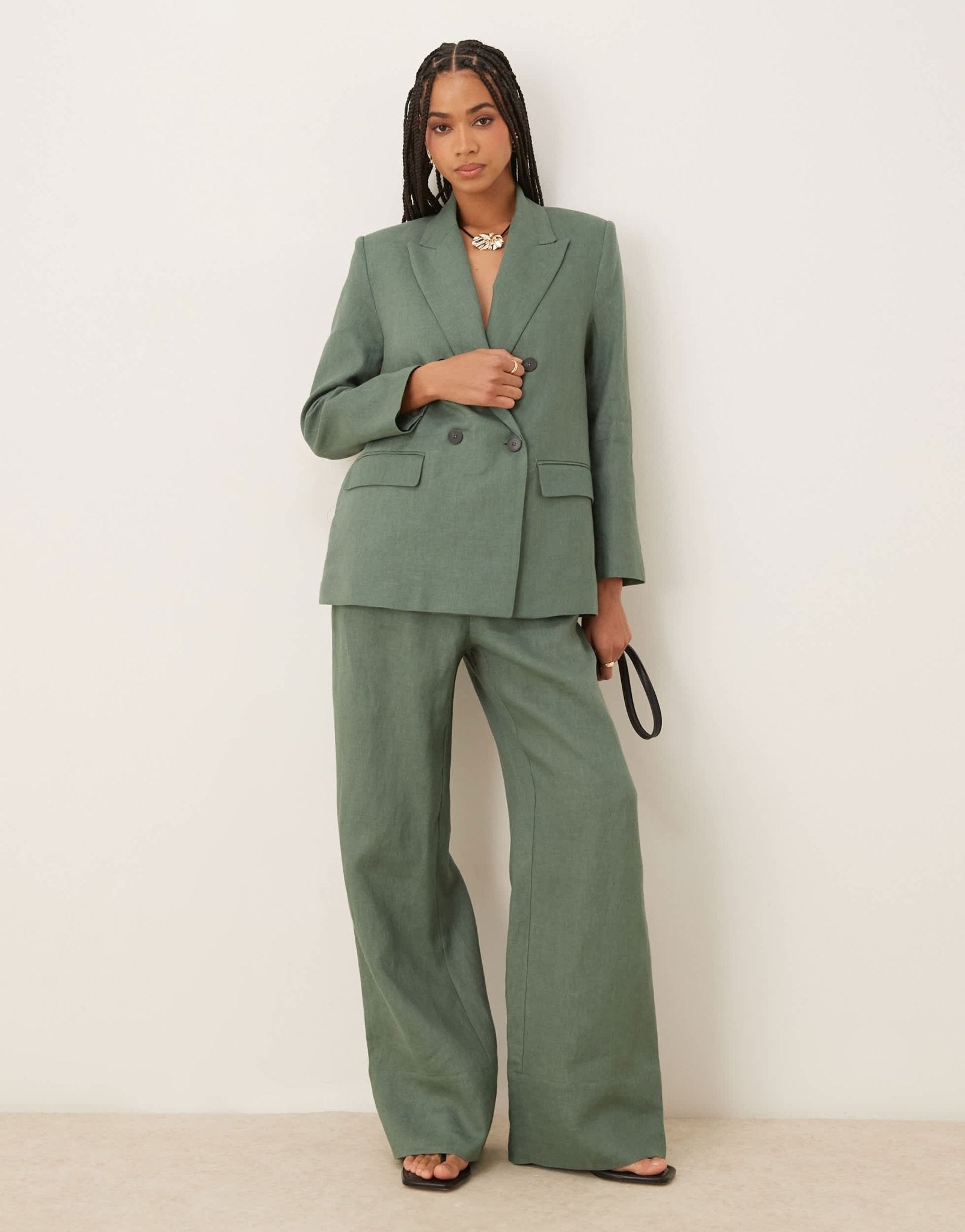Mango linen slouchy tie waist trouser co-ord in sage green - ASOS Sample Sale