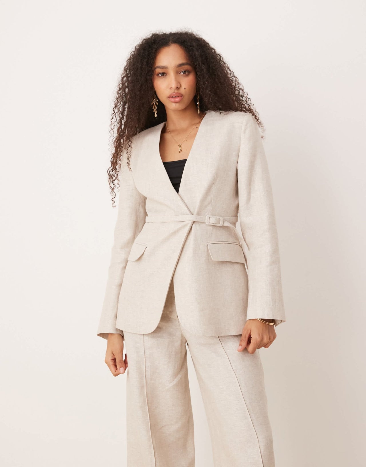 Mango linen v-neck blazer with cinch waist belt detail co-ord in oatmeal - ASOS Sample Sale