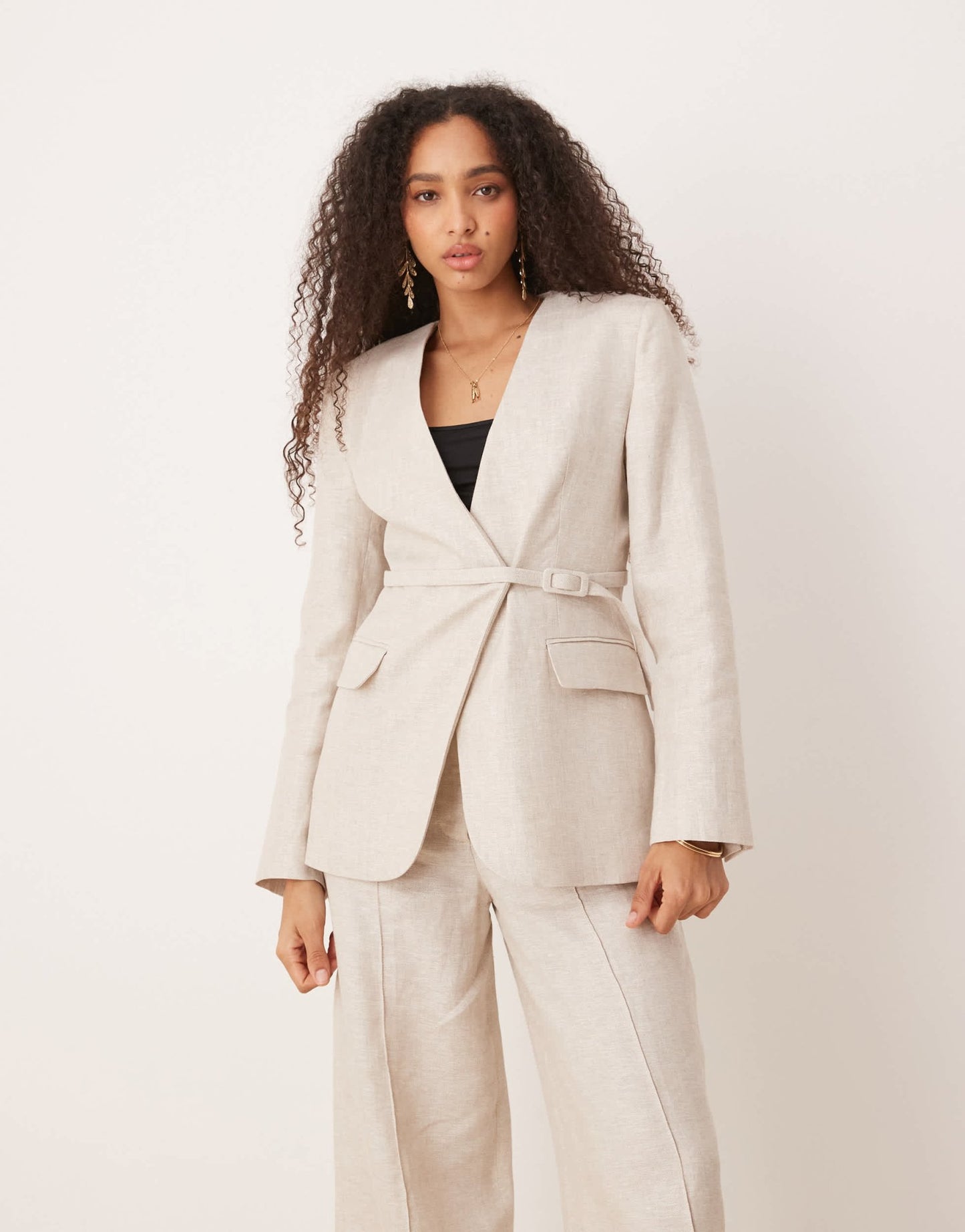 Mango linen v-neck blazer with cinch waist belt detail co-ord in oatmeal - ASOS Sample Sale
