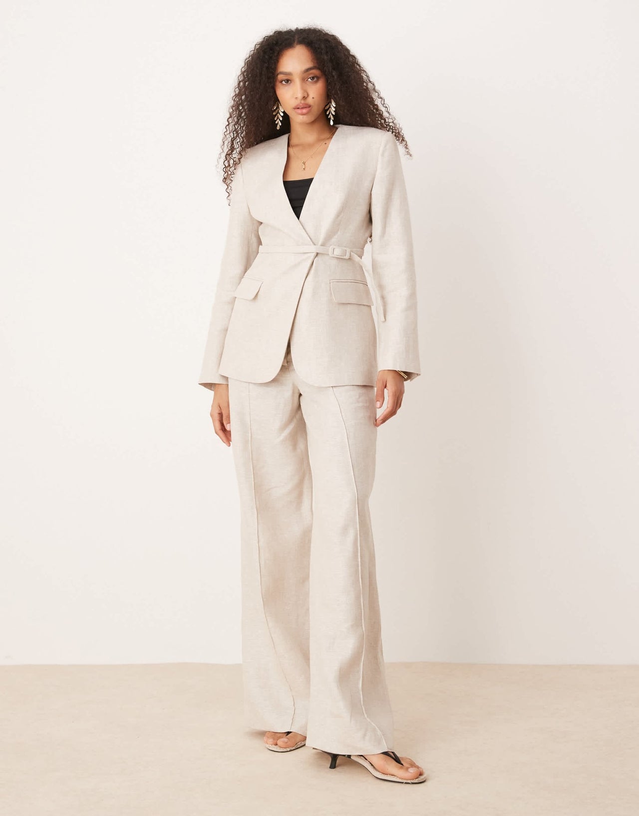 Mango linen v-neck blazer with cinch waist belt detail co-ord in oatmeal - ASOS Sample Sale