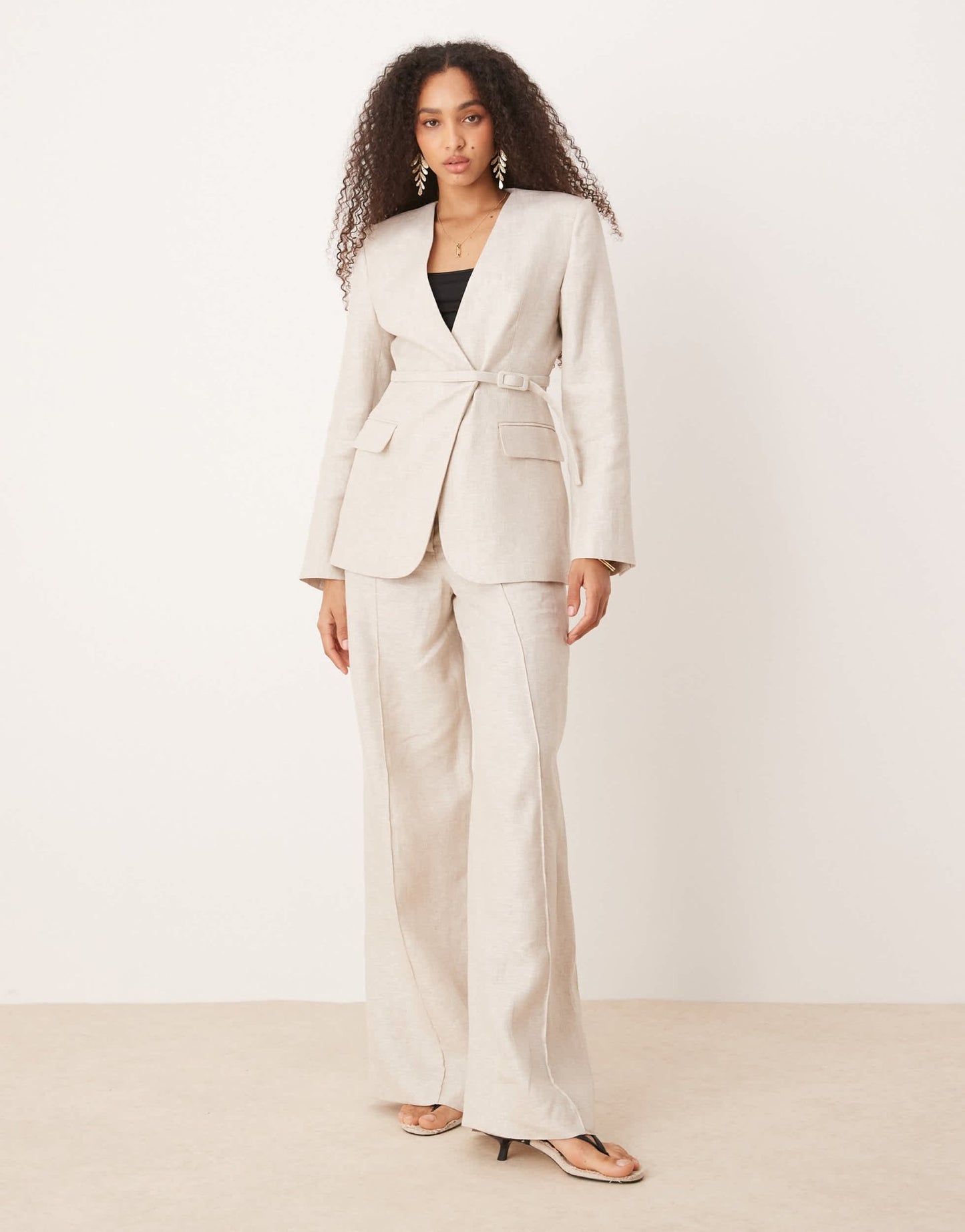 Mango linen v-neck blazer with cinch waist belt detail co-ord in oatmeal - ASOS Sample Sale