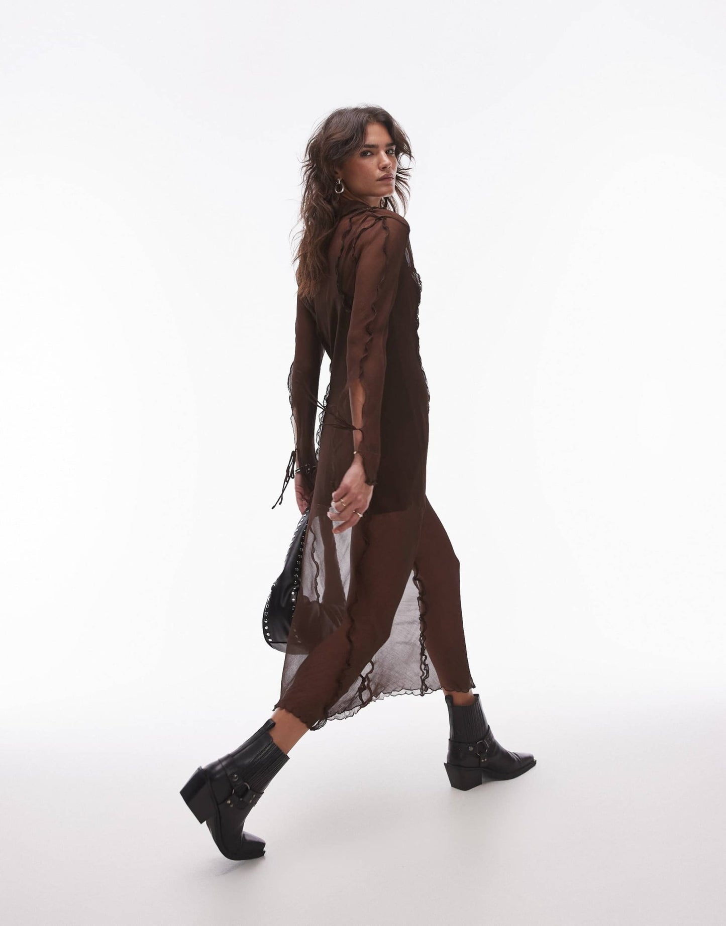 Mango mesh detail maxi dress in chocolate brown - ASOS Sample Sale