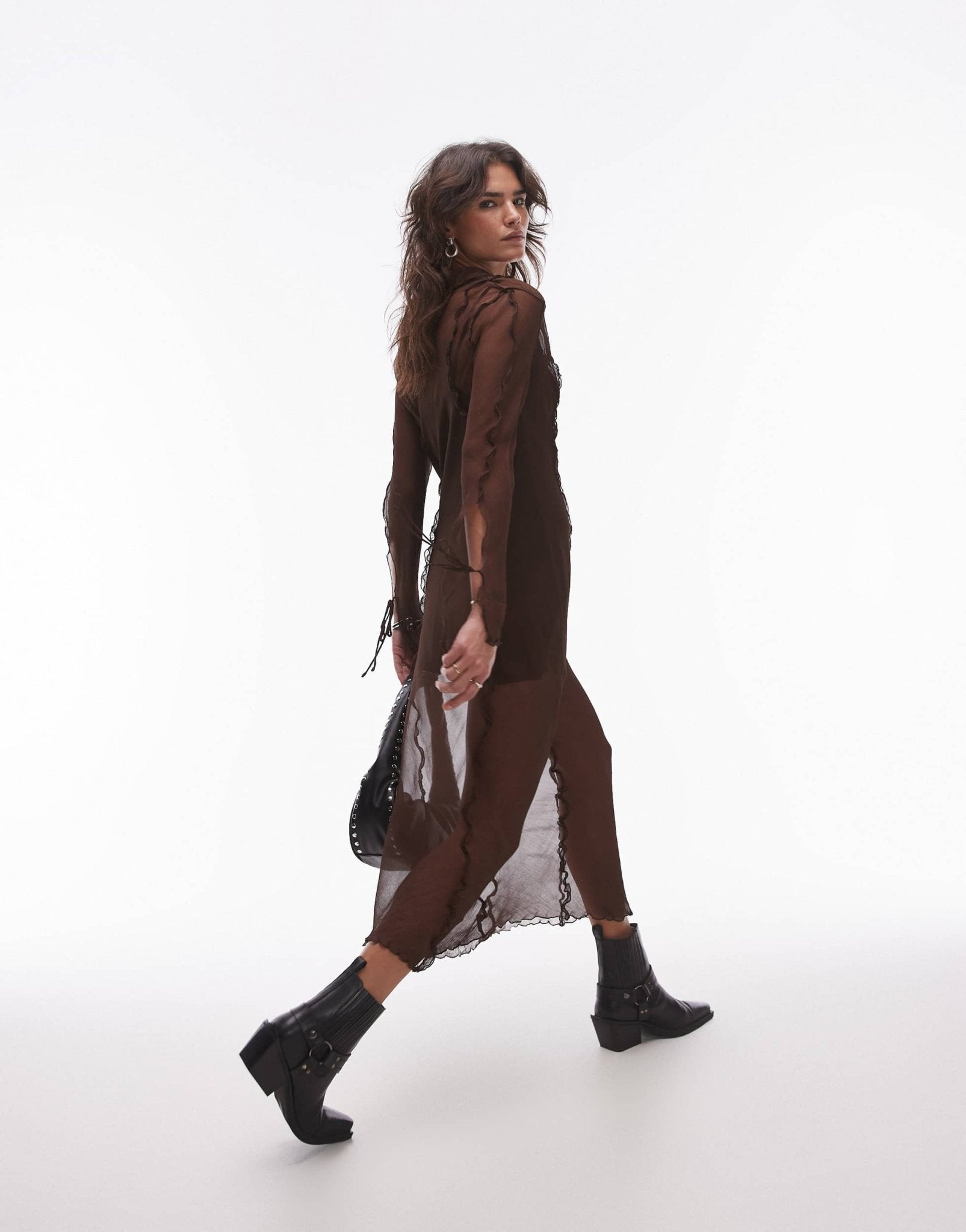 Mango mesh detail maxi dress in chocolate brown - ASOS Sample Sale