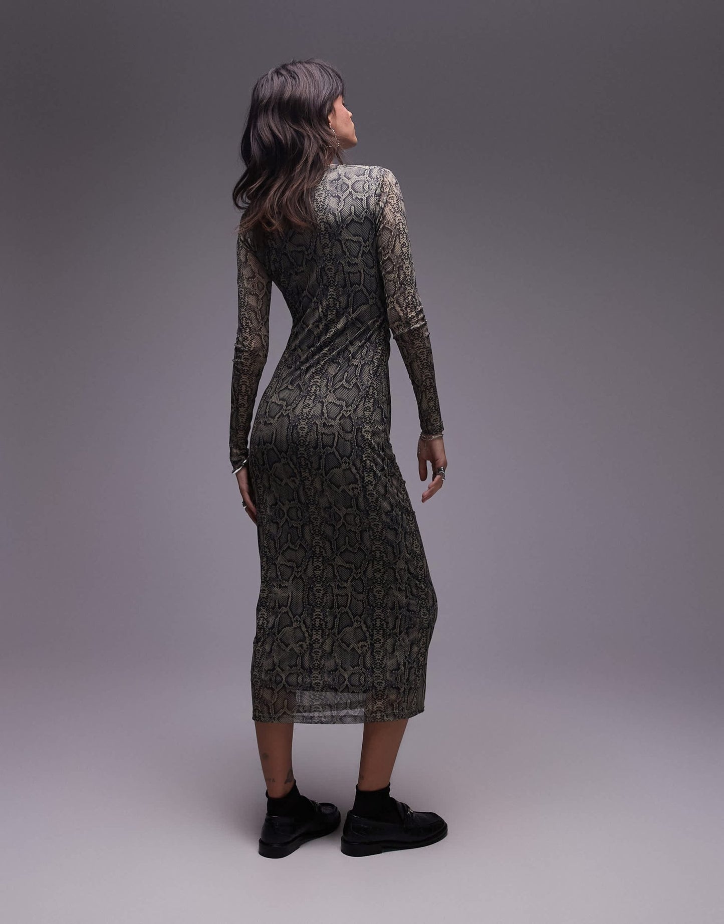 Mango mesh ruched side snake print midi dress in grey - ASOS Sample Sale