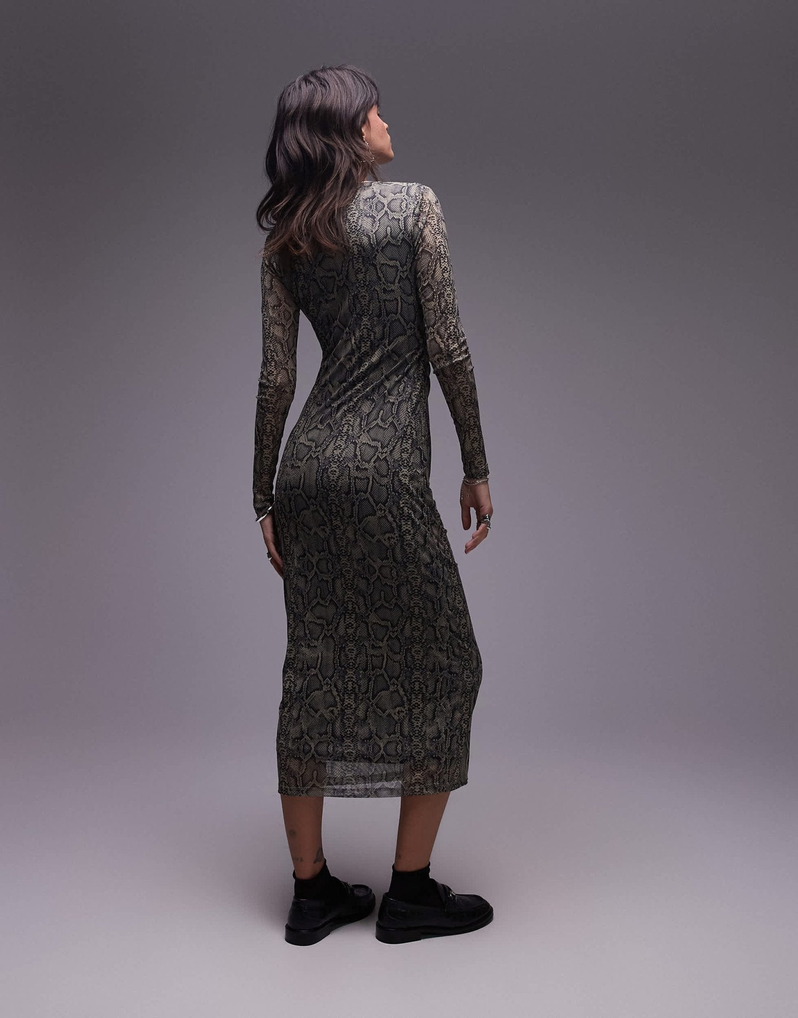 Mango mesh ruched side snake print midi dress in grey - ASOS Sample Sale