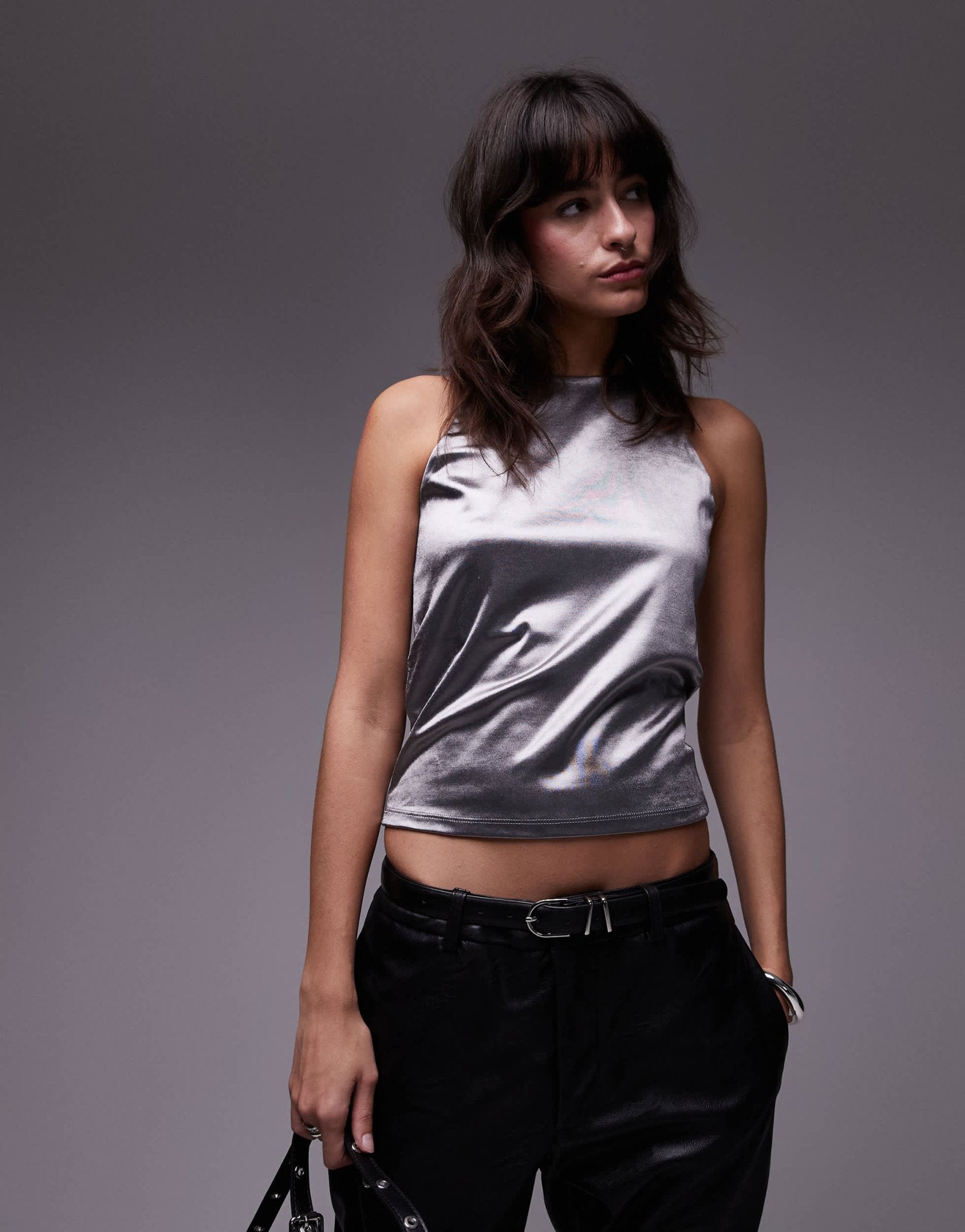 Mango metallic high neck top in silver - ASOS Sample Sale