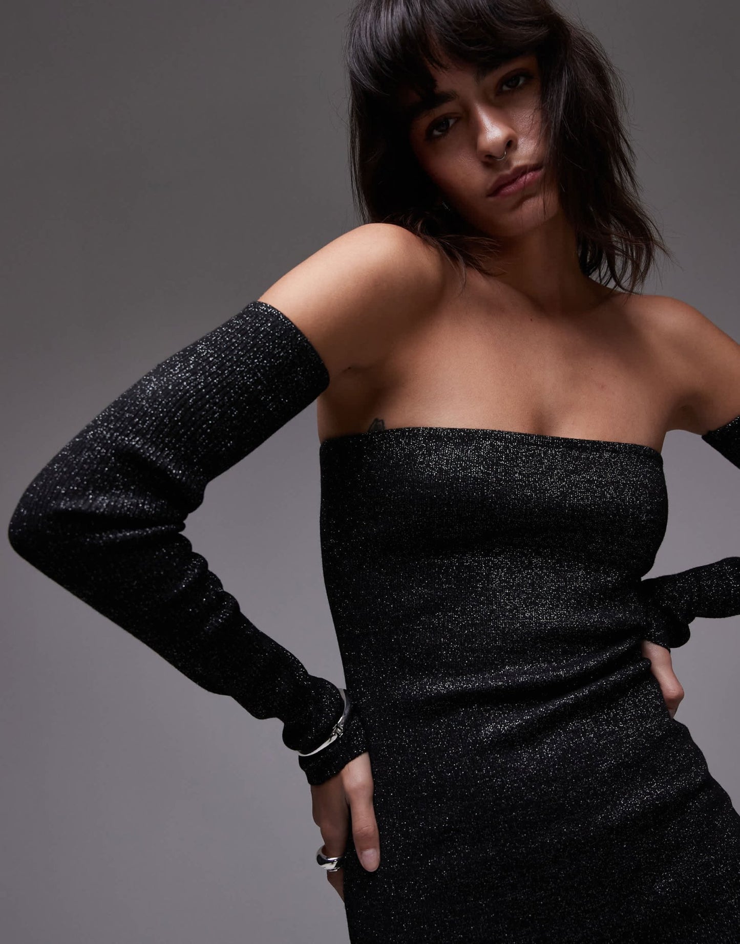 Mango metallic knit strapless mini dress with removeable sleeves in black - ASOS Sample Sale