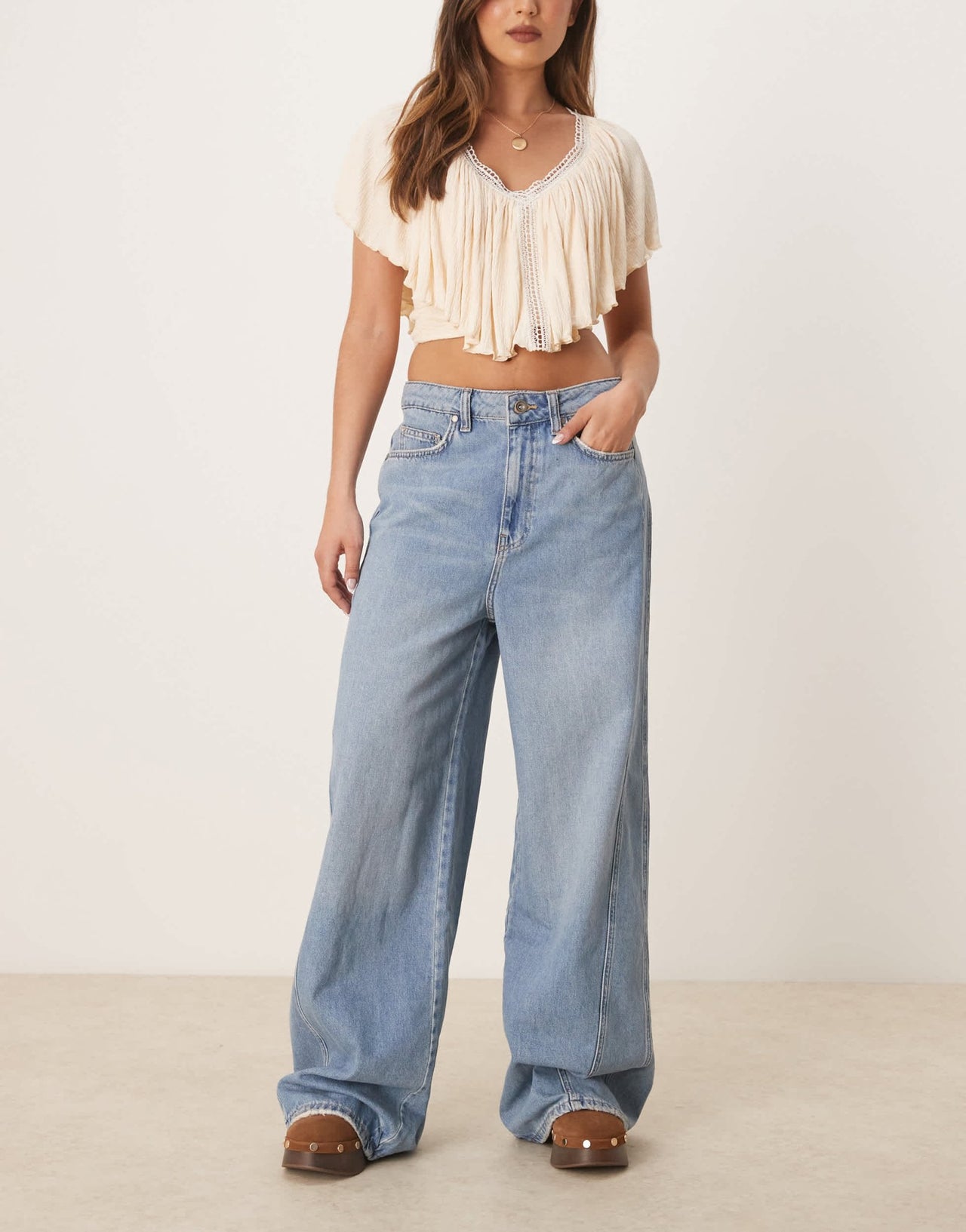 Mango Mila relaxed straight leg jean with bleach front in light blue - ASOS Sample Sale