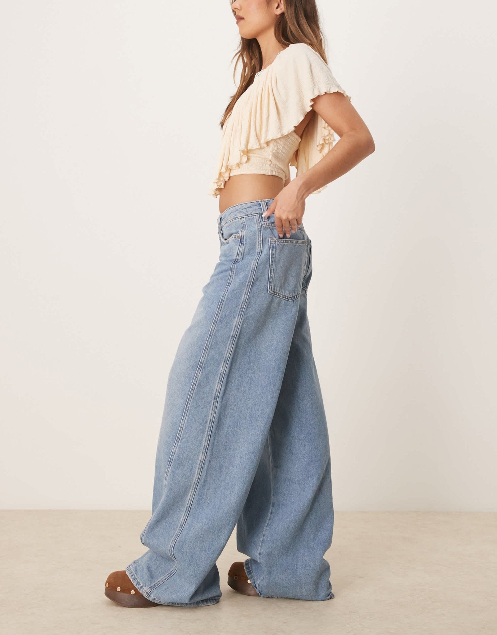 Mango Mila relaxed straight leg jean with bleach front in light blue - ASOS Sample Sale