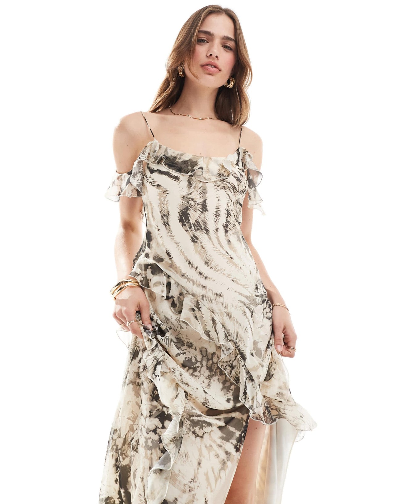 Mango mixed animal bardot midi dress in grey - ASOS Sample Sale
