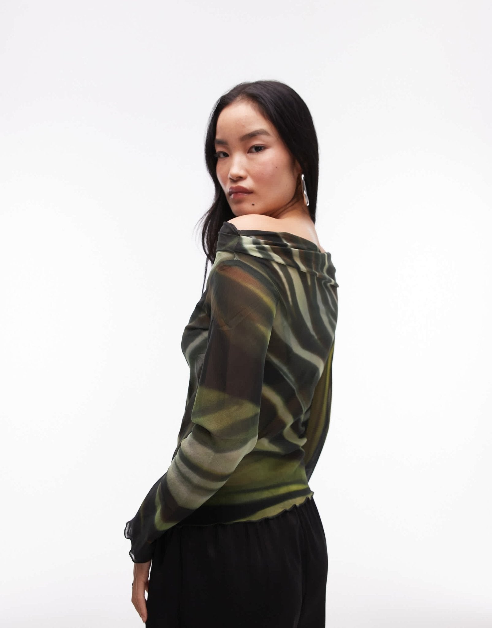 Mango off shoulder print detail mesh top in black - ASOS Sample Sale