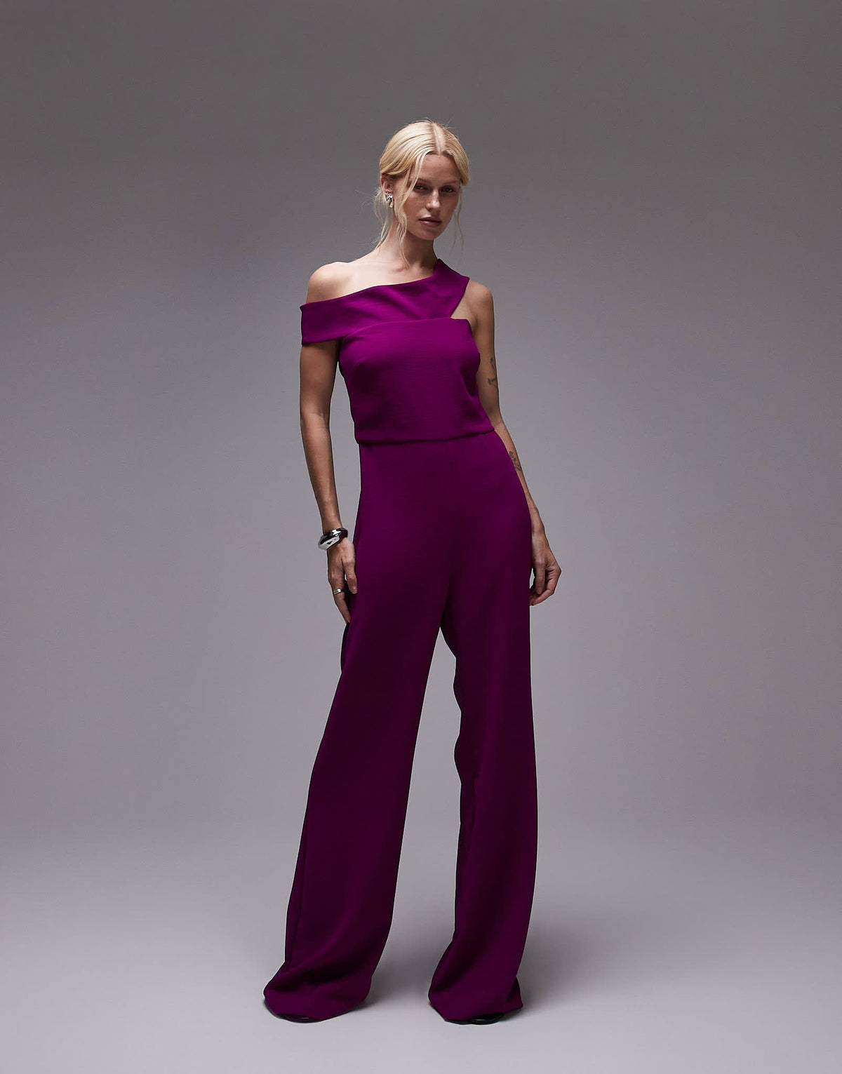 Mango off the shoulder bardot jumpsuit in purple - ASOS Sample Sale