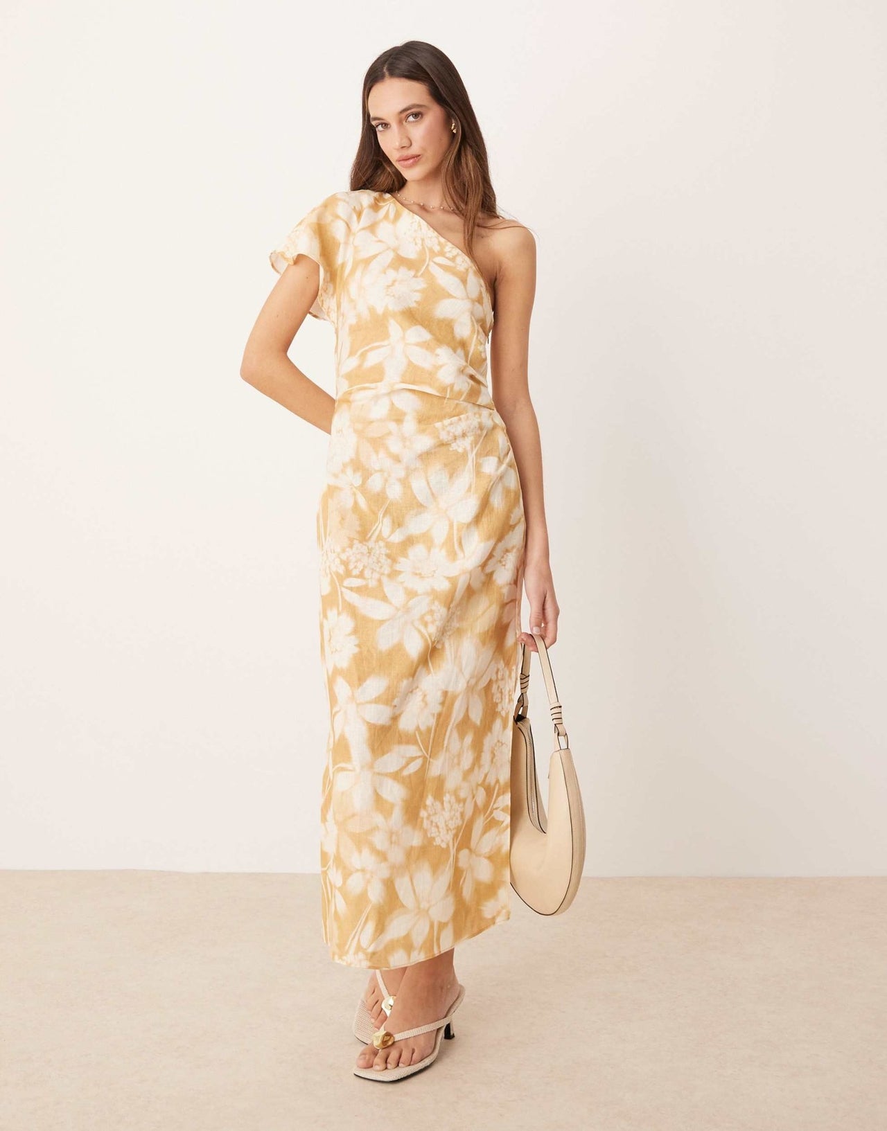 Mango one shouder floral midaxi dress in buttermilk - ASOS Sample Sale