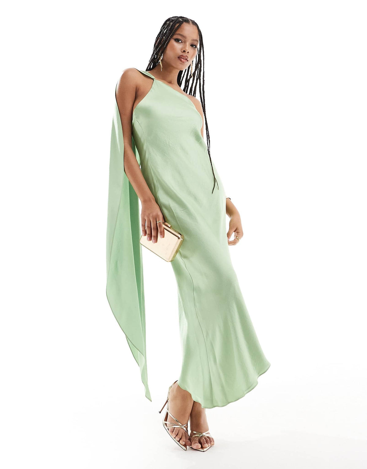 Mango one shoulder drape satin midi dress in light green - ASOS Sample Sale