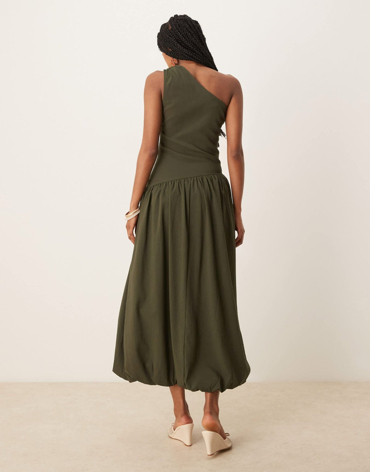 Mango one shoulder drop waist maxi dress with soft bubble hem in khaki - ASOS Sample Sale