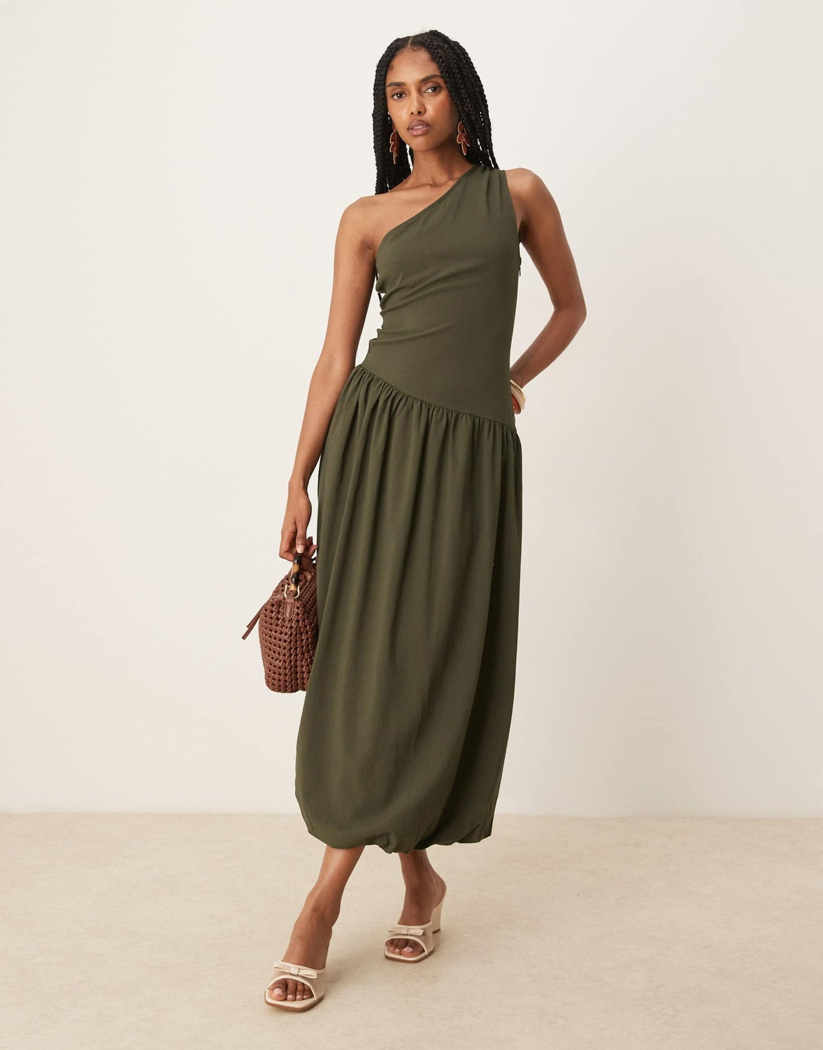 Mango one shoulder drop waist maxi dress with soft bubble hem in khaki - ASOS Sample Sale