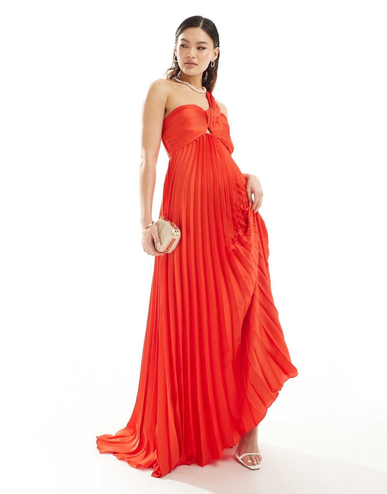 Mango one shoulder pleated maxi dress in red - ASOS Sample Sale