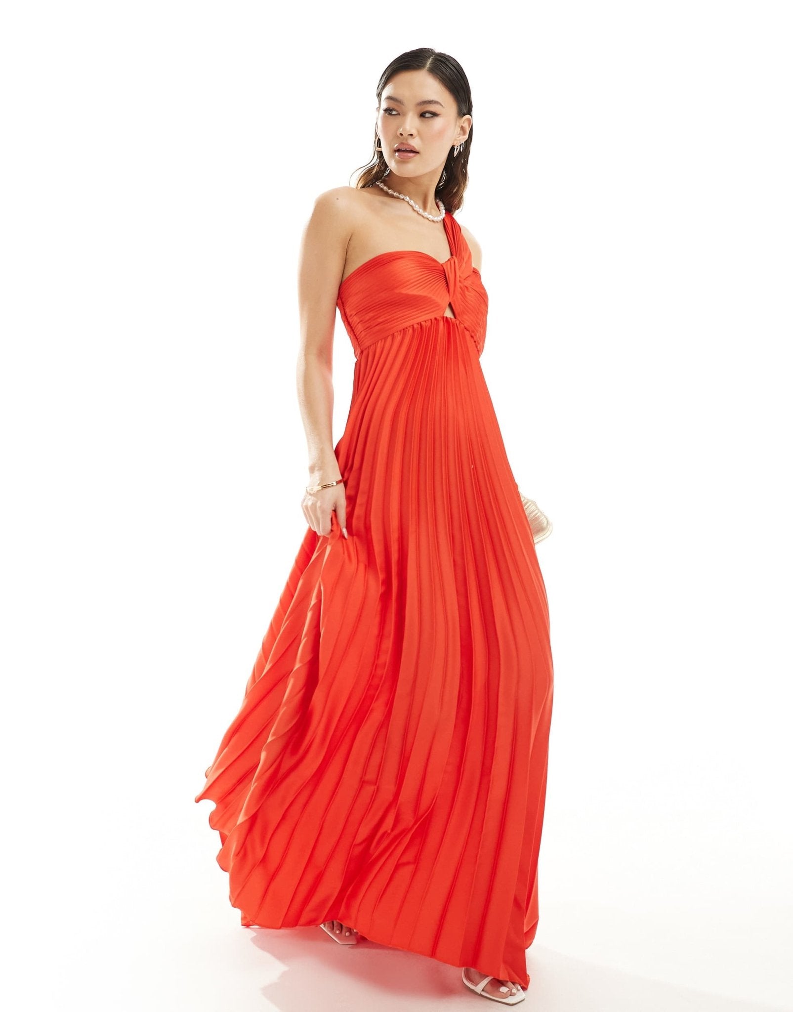 Mango one shoulder pleated maxi dress in red - ASOS Sample Sale