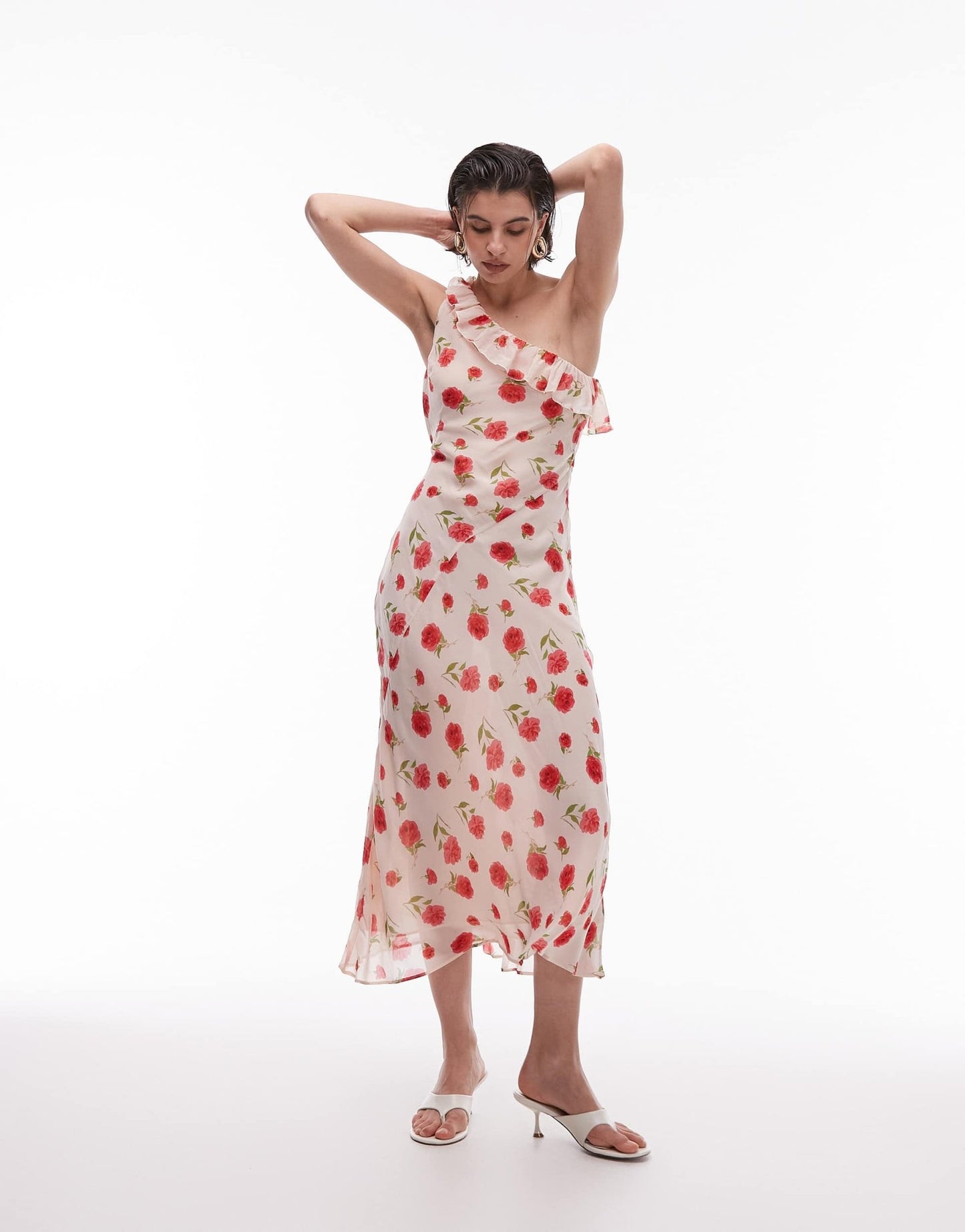 Mango one shoulder rose floral dress in light pink - ASOS Sample Sale
