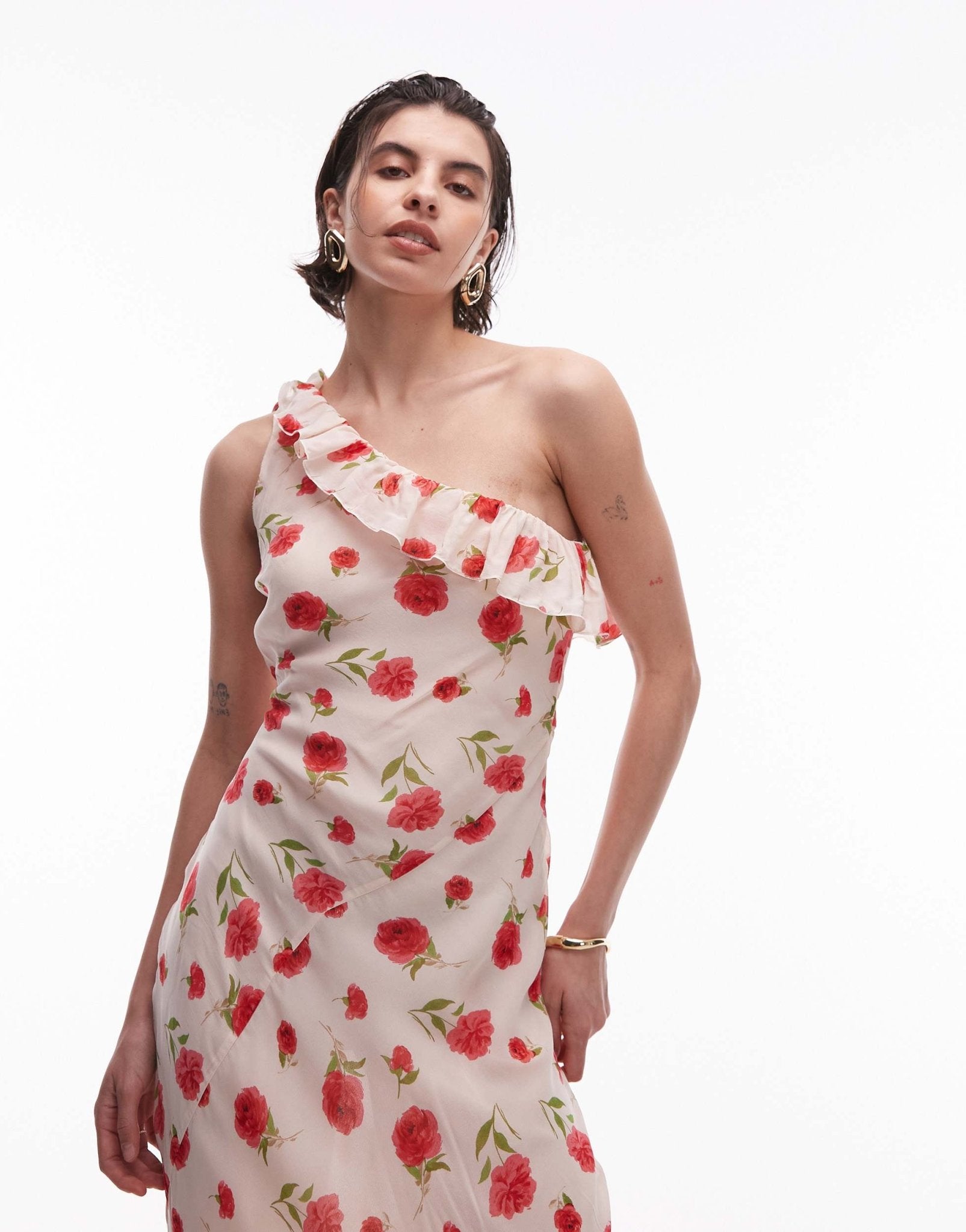 Mango one shoulder rose floral dress in light pink - ASOS Sample Sale