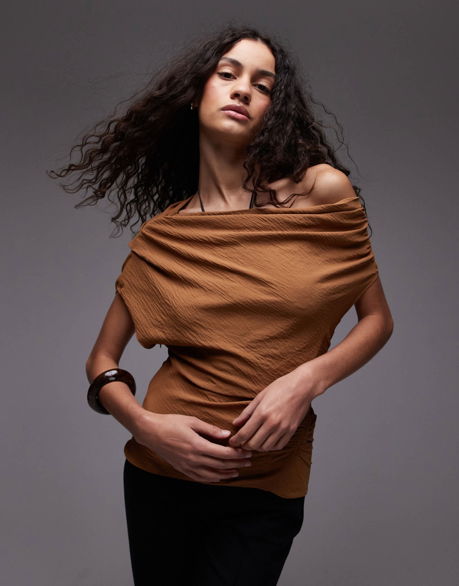 Mango one shoulder ruched top in rust - ASOS Sample Sale