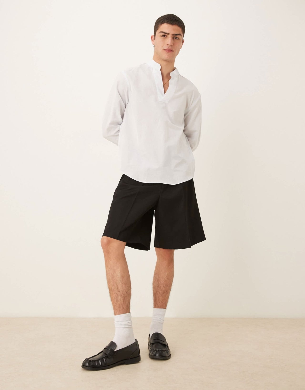 Mango open collar linen mix relaxed shirt in light blue - ASOS Sample Sale