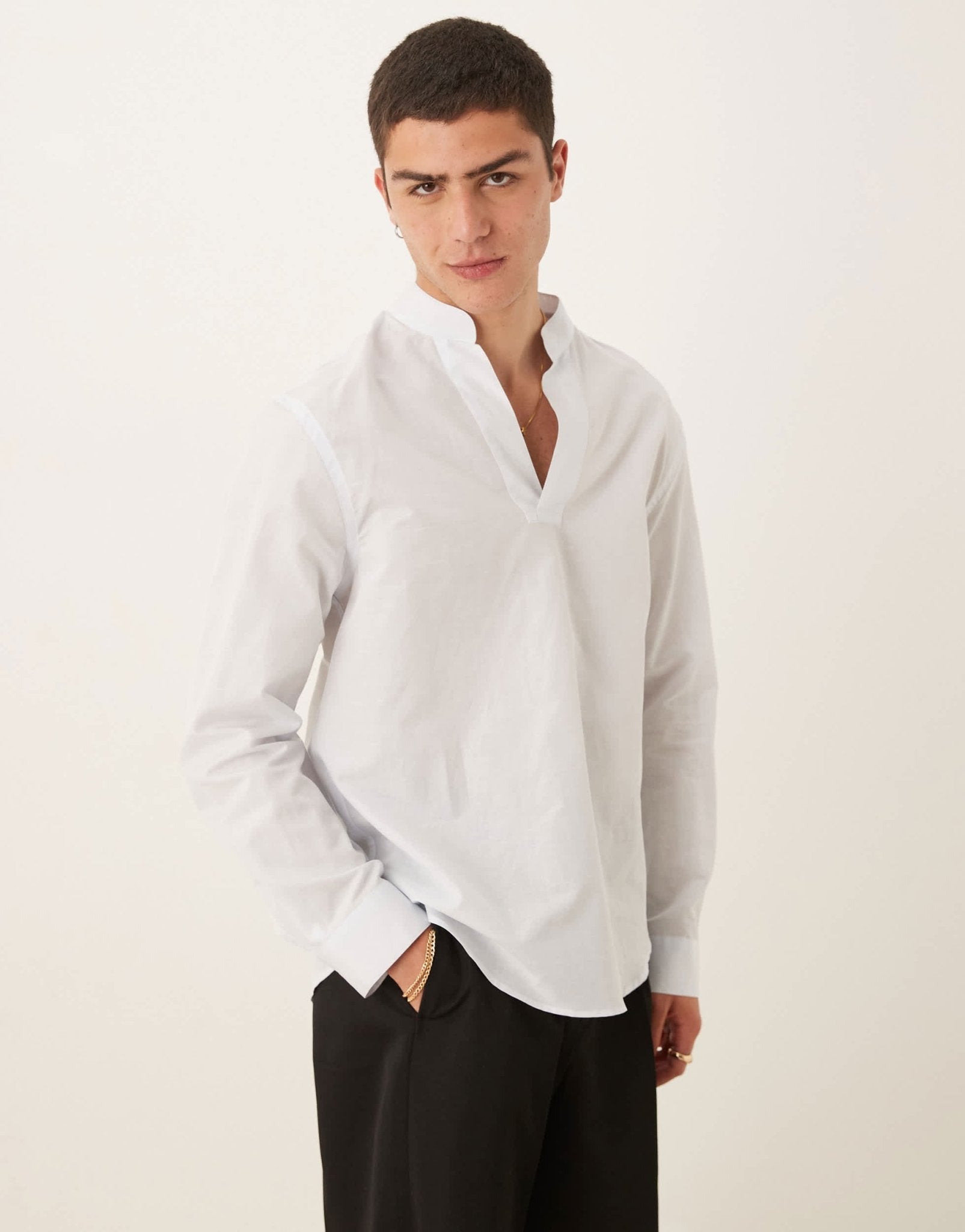 Mango open collar linen mix relaxed shirt in light blue - ASOS Sample Sale