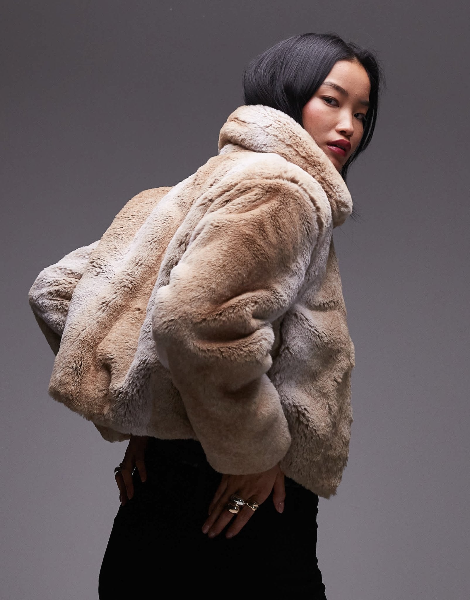 Mango oversized collar fur jacket in beige - ASOS Sample Sale
